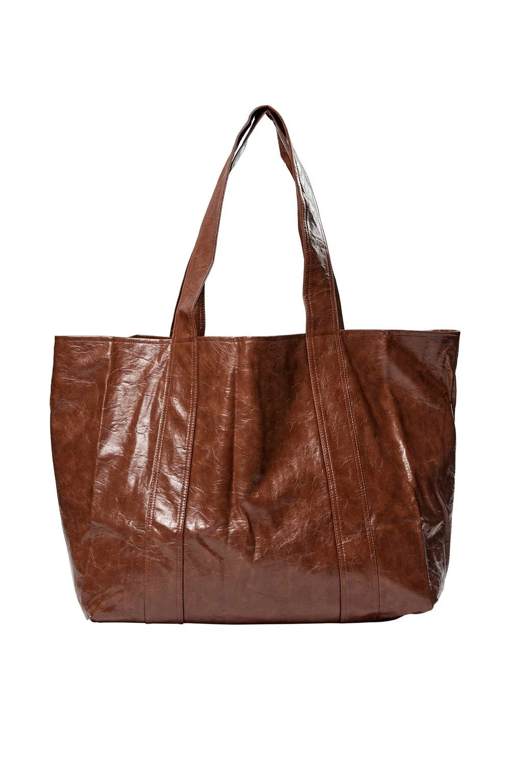 A brown faux-leather tote bag with a wrinkled, distressed texture and dual shoulder straps, shown against a plain white background.