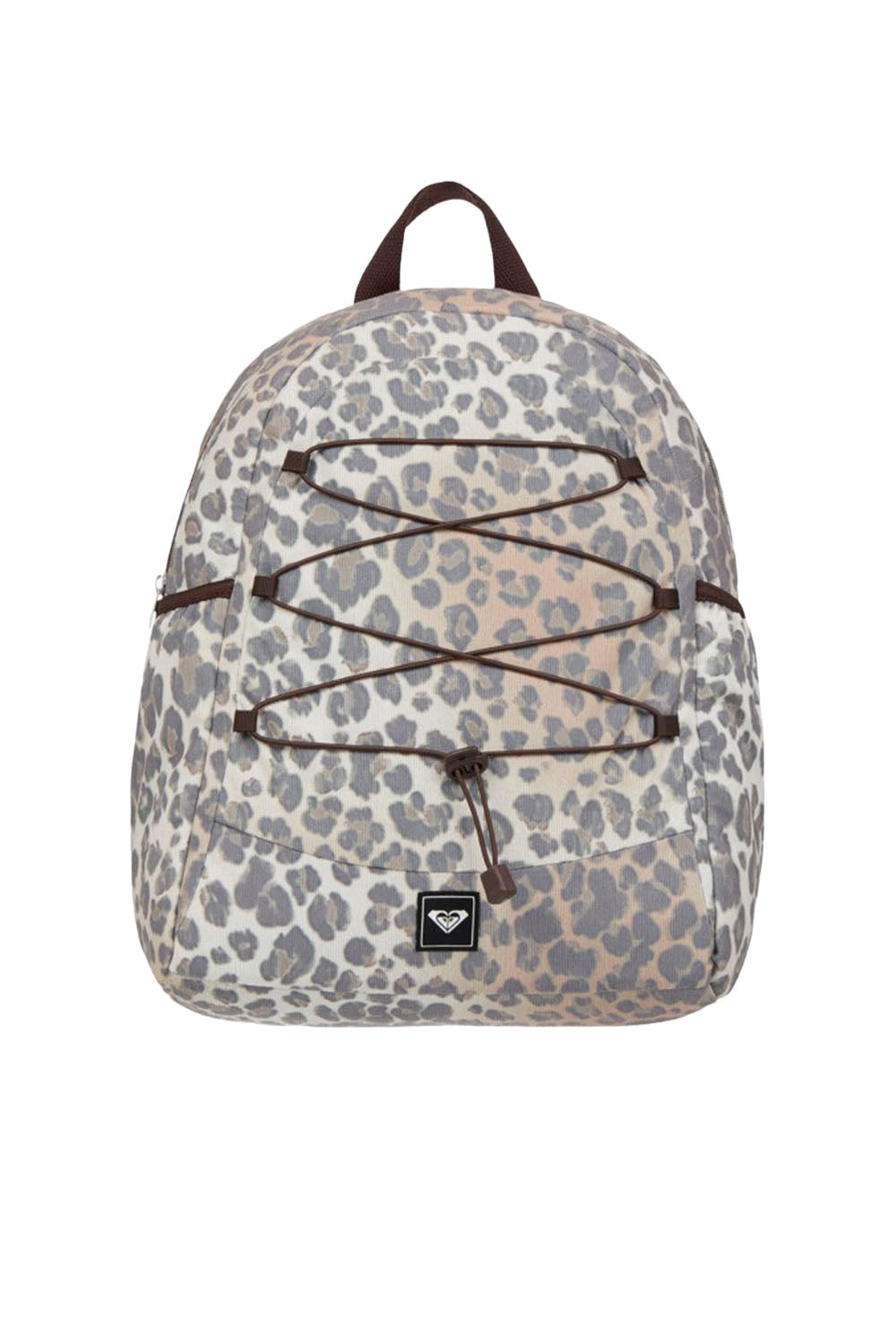 A Quiksilver backpack featuring a gray and beige leopard print pattern, brown laces across the front, and a small black brand patch near the bottom.