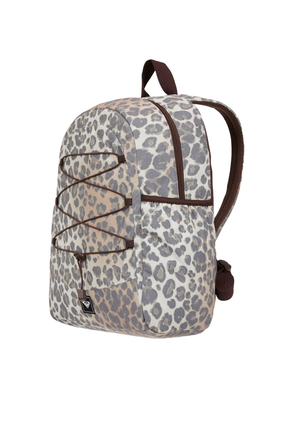 A leopard print backpack with brown leather-like trim, zippers, and straps, shown from a three-quarter angle on a white background.
