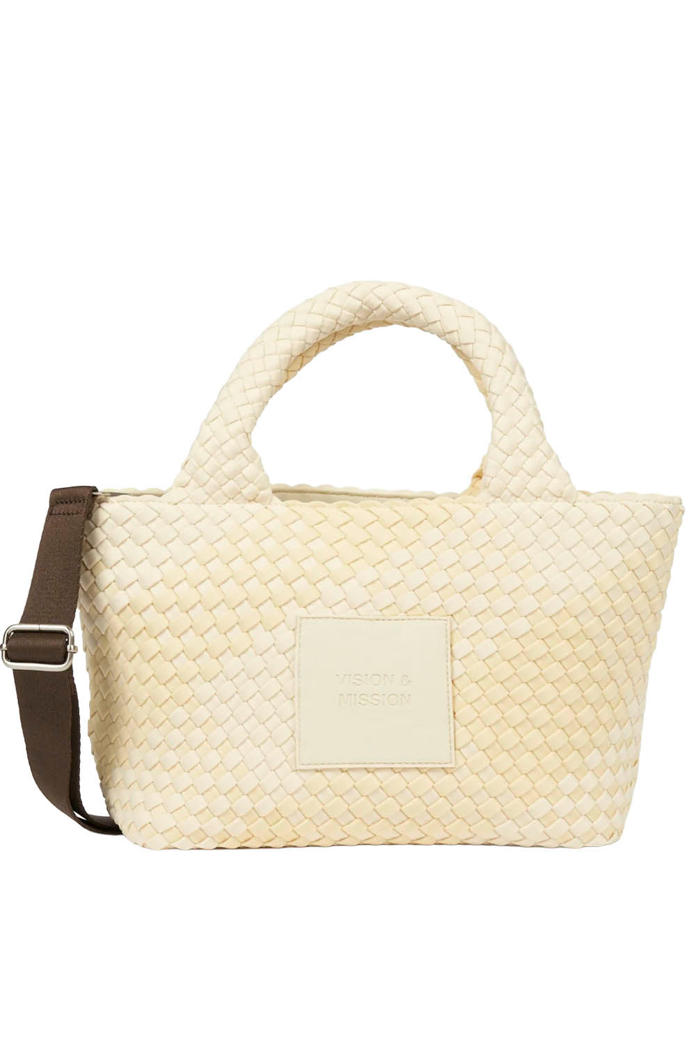 Cream-colored woven handbag with a brown strap on a white background