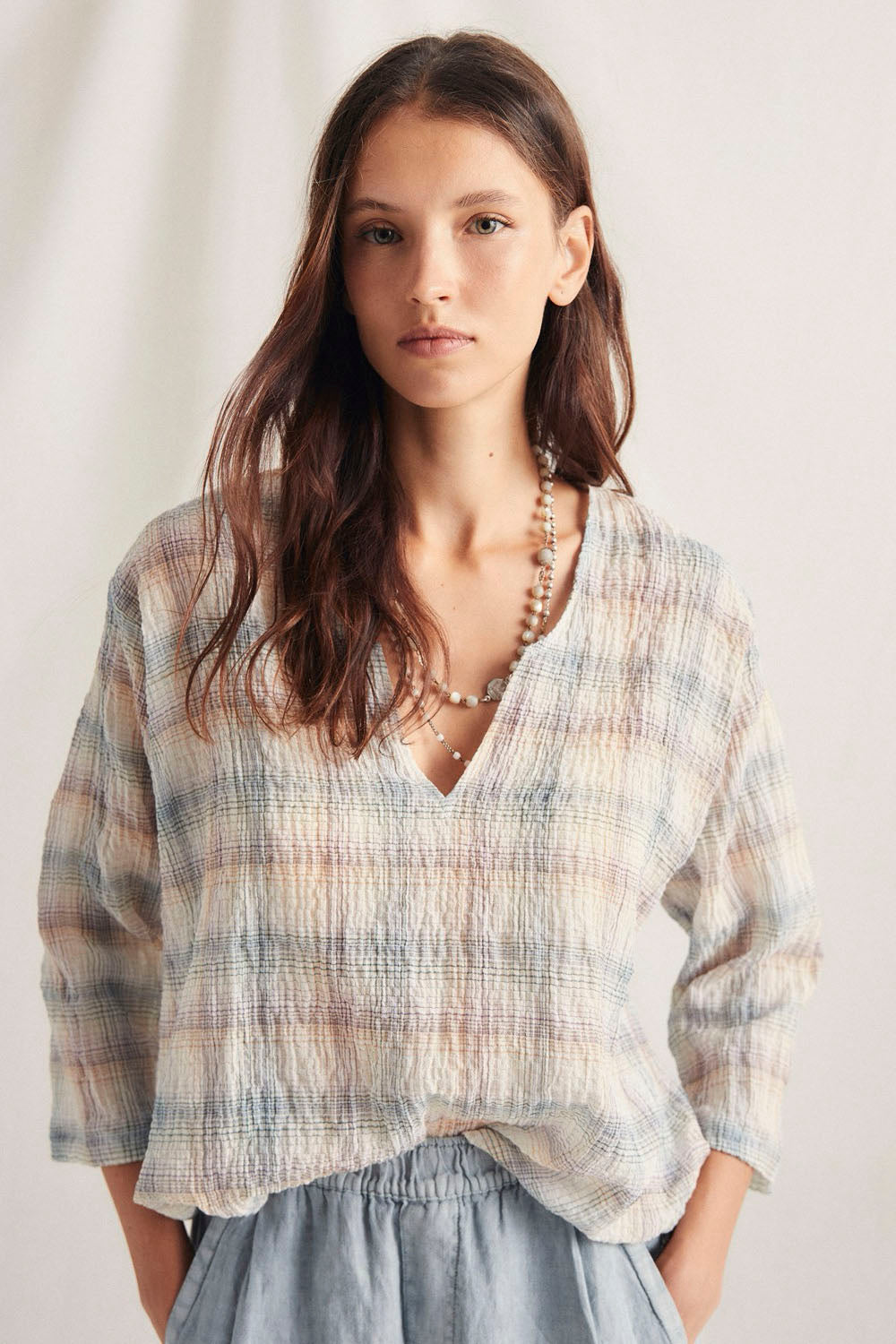 MI&CO Glam Blouse in check print – women's lightweight summer blouse, cuadros pattern, coastal lifestyle fashion, available at Pukas Surf Shop