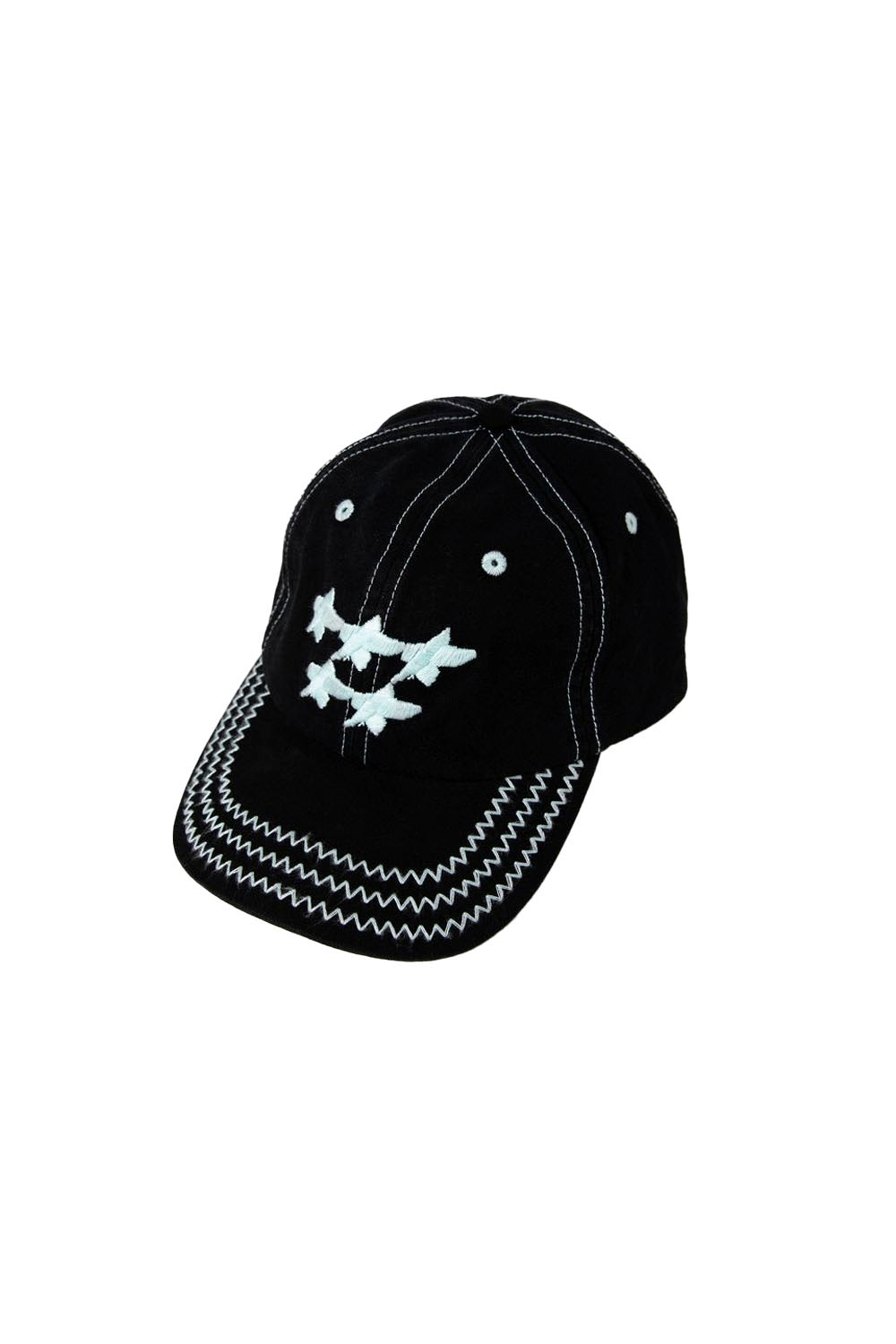 Black cap with white design on a white background