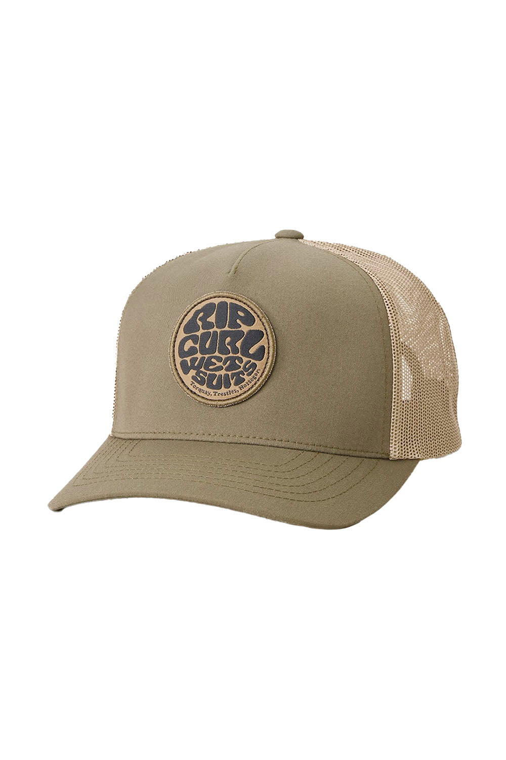 Kaki cap with mesh back and brand logo on a white background