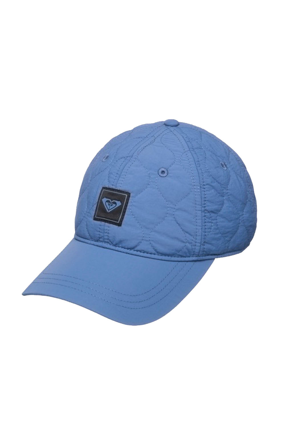 A light blue quilted baseball cap with a black rectangular patch on the front featuring the Quiksilver logo, shown against a plain white background.