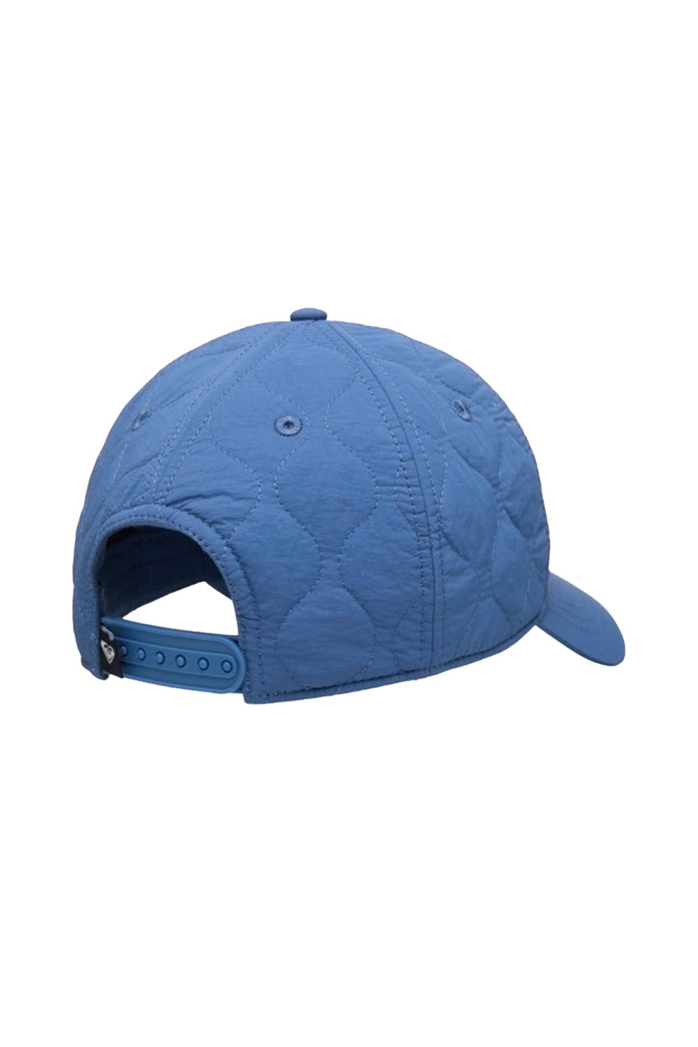 A blue quilted baseball cap shown from the back, featuring a padded diamond pattern, a curved brim, and an adjustable snap closure on a white background.