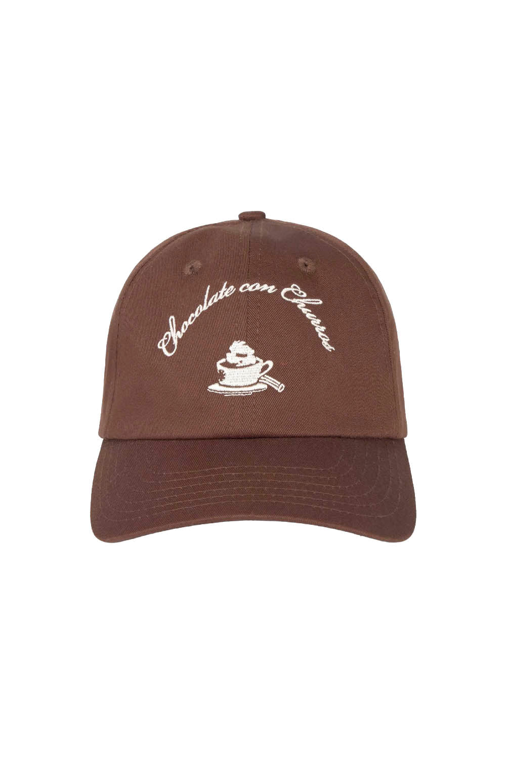 A brown baseball cap with white embroidered text reading 'Chocolate con Amor' and a small coffee cup graphic on the front, shown against a plain white background.
