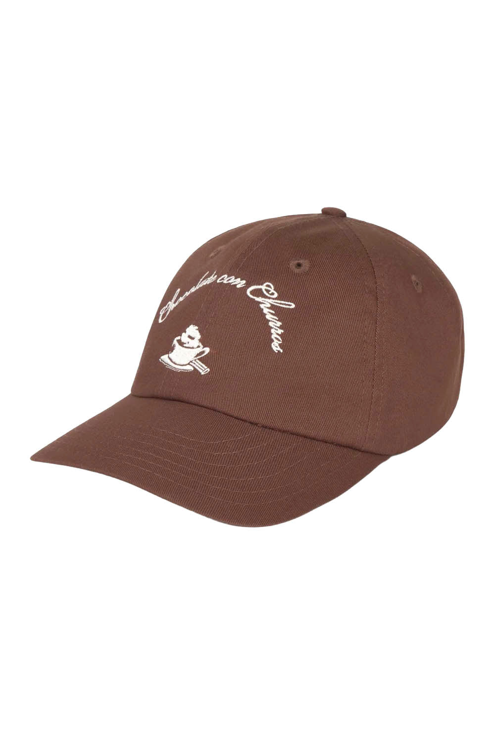 A brown baseball cap with white embroidered script and a small cartoon graphic on the front, shown against a plain white background.