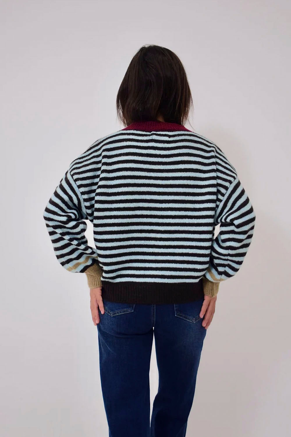 MIND TRAVELER BCN Tessa striped knit cardigan with button front and contrast ribbed trim