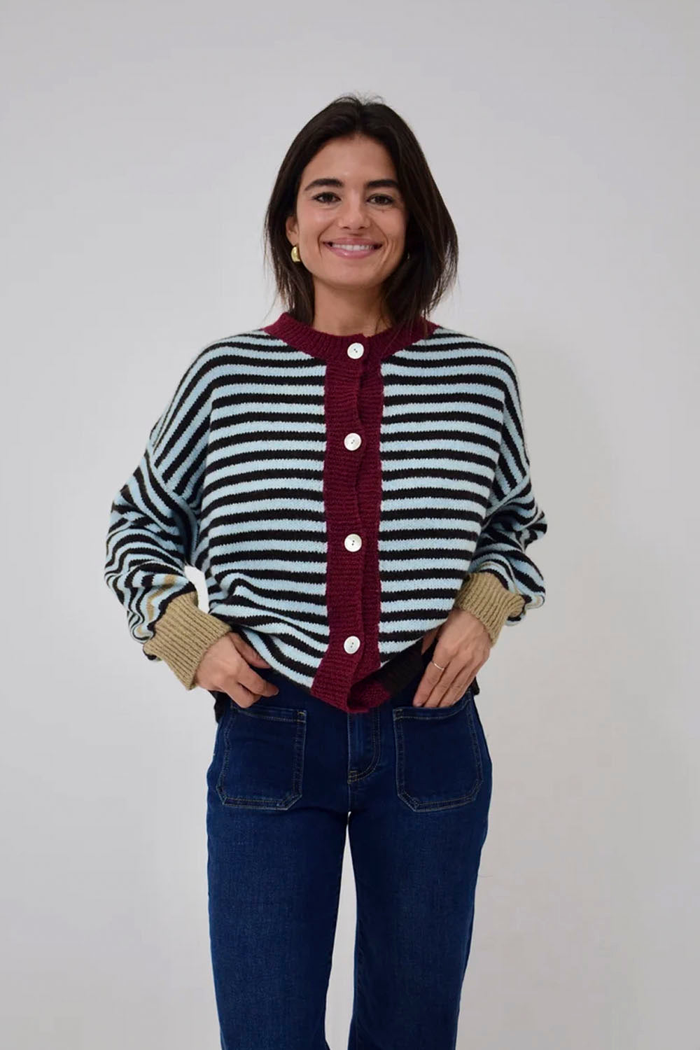 MIND TRAVELER BCN Tessa striped knit cardigan with button front and contrast ribbed trim