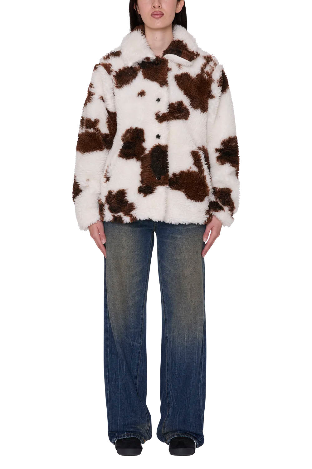 OBEY Nolie Sherpa Short Coat Cow Print | Shop at PUKAS SURF SHOP