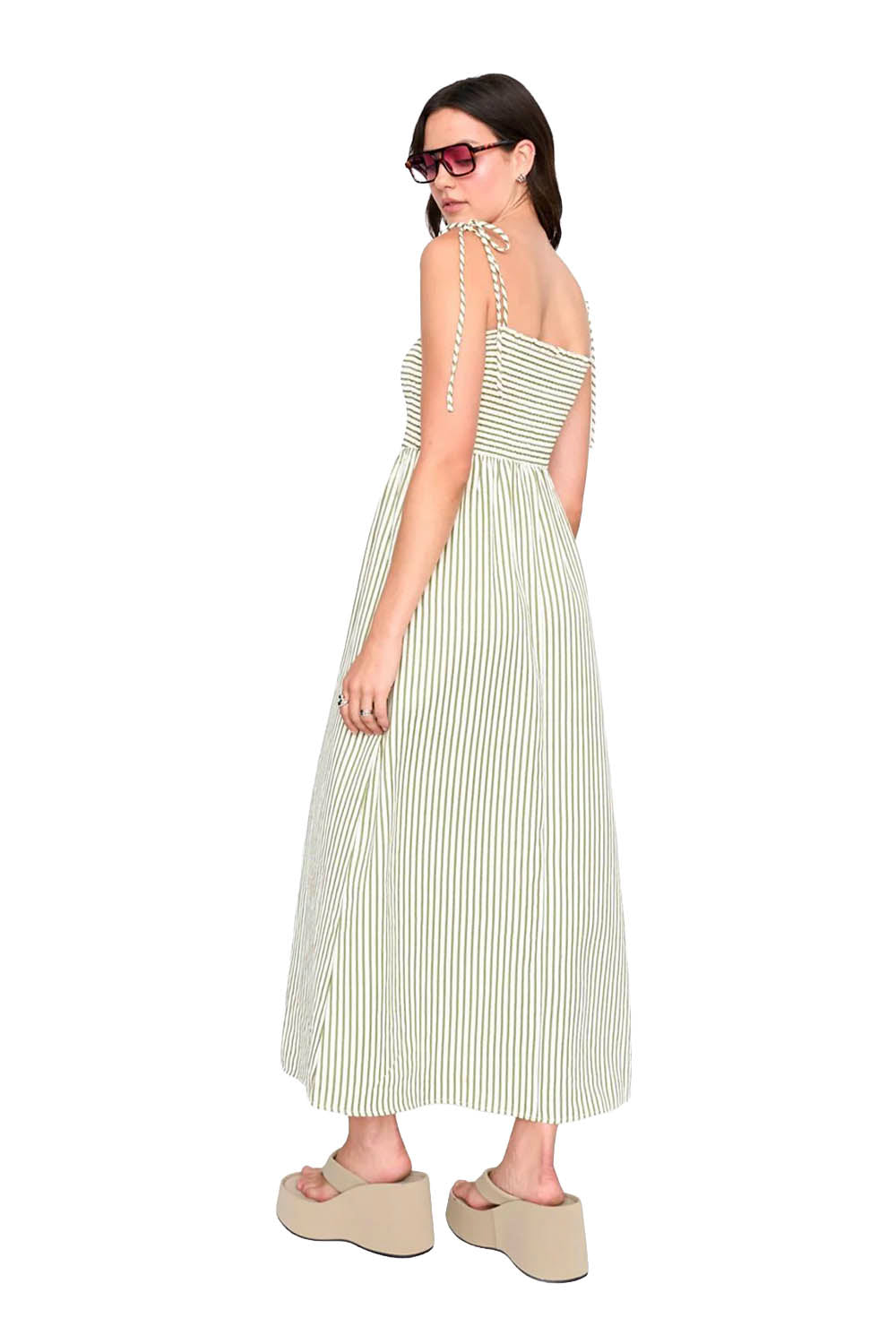 24COLOURS green striped maxi dress with smocked bodice and knotted shoulder ties – Pukas Surf Shop