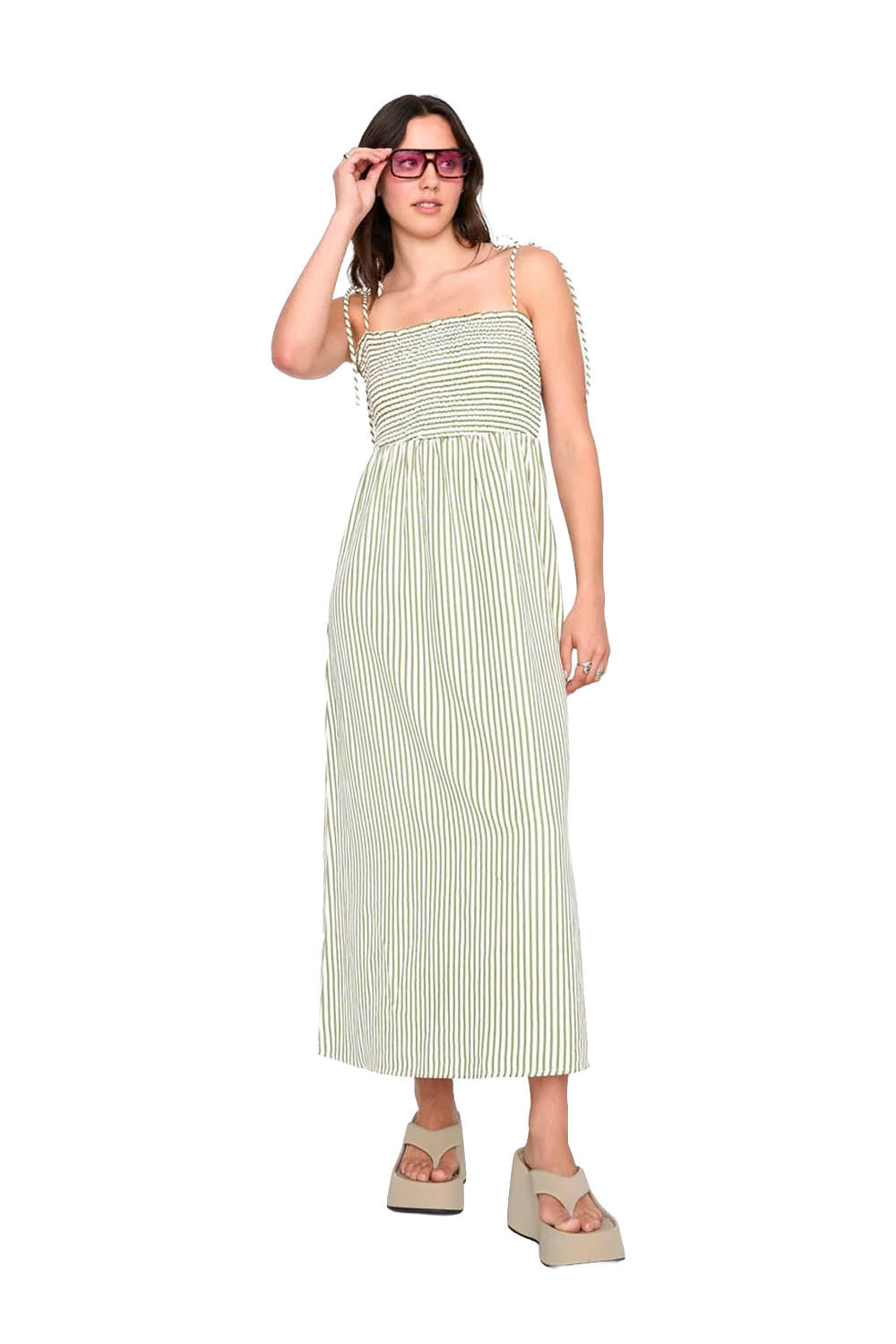 24COLOURS green striped maxi dress with smocked bodice and knotted shoulder ties – Pukas Surf Shop