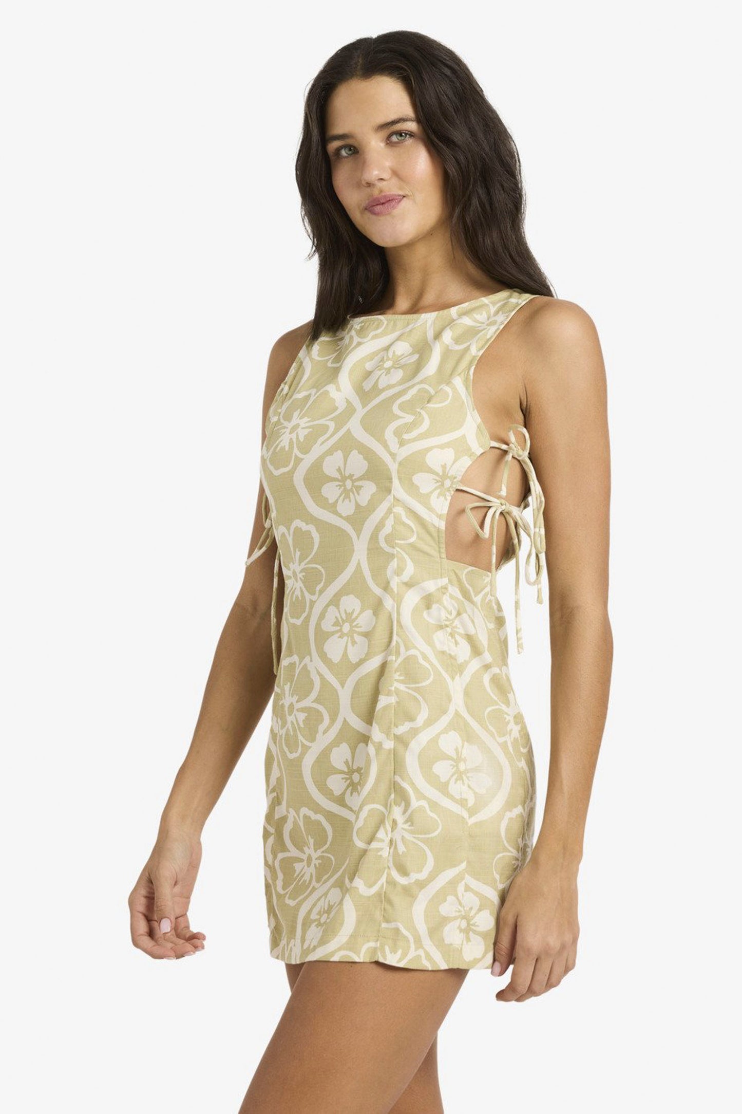 Billabong Floral Trip mini dress in Cactus colorway - front view of body-hugging women's dress with botanical print