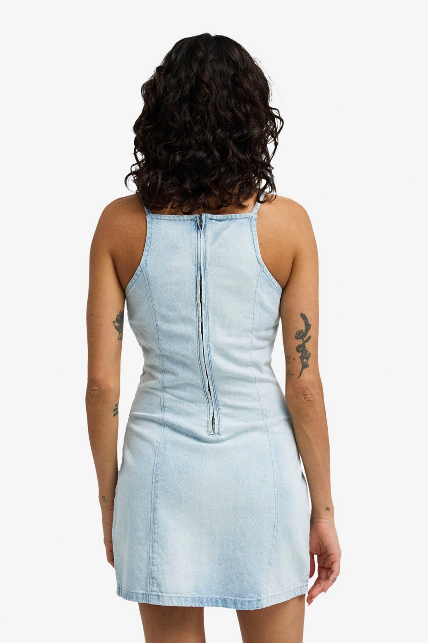 Billabong Jade Saltwashed denim dress - back view highlighting streamlined silhouette and saltwashed finish