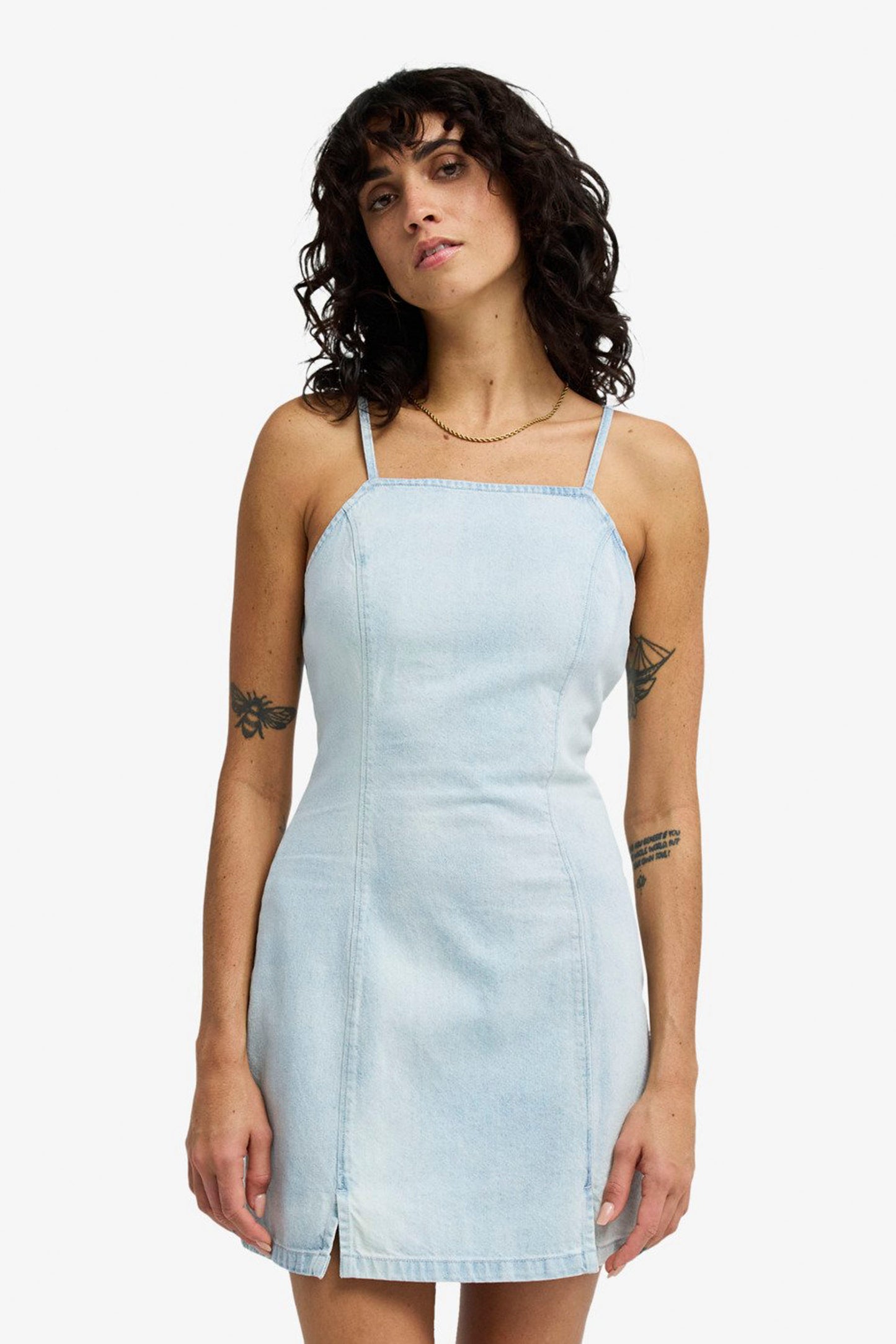 Billabong Jade Saltwashed denim dress in Bmt colorway - front view of fitted pure cotton denim dress