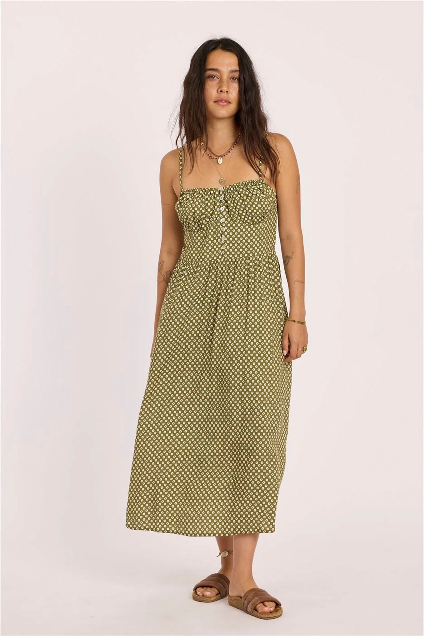 SISSTREVOLUTION Good Times printed rayon midi dress with ruched bust and button-front