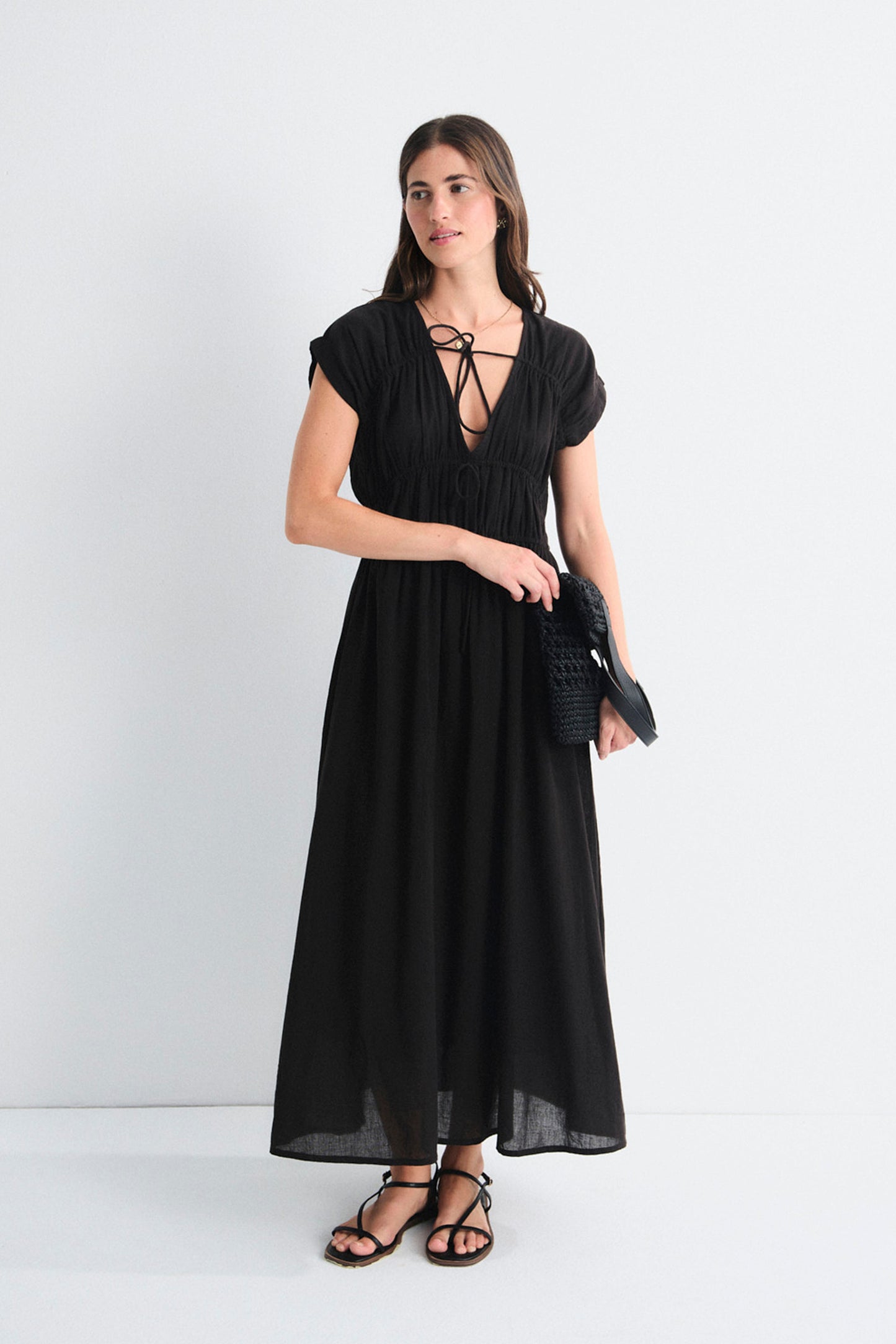 MUS & BOMBON Greta black sleeveless dress for women - V-neckline and tie-front detail at Pukas Surf Shop