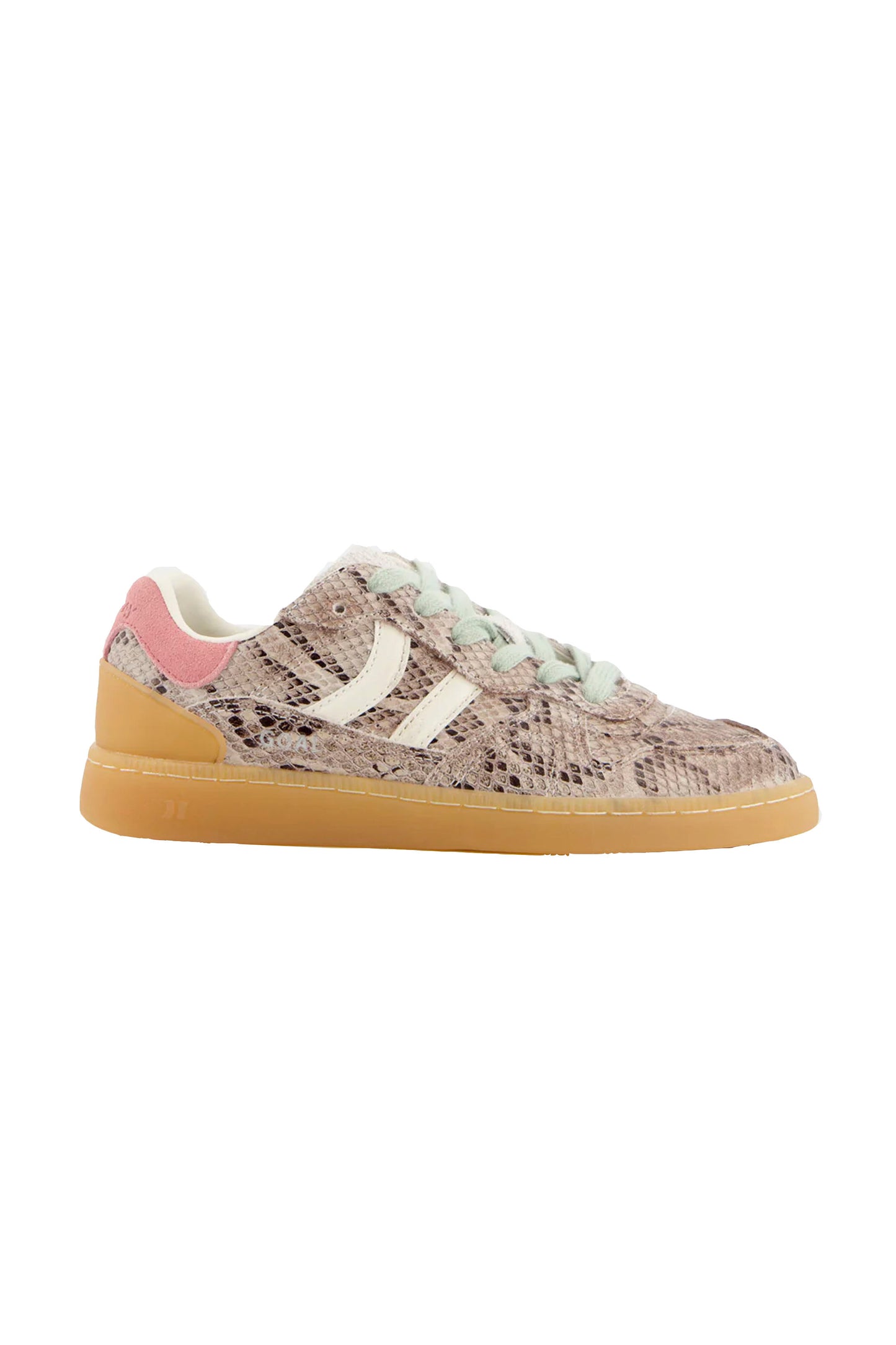 Coolway Goal Roar Flux sneaker with snake print and pink accents on a white background