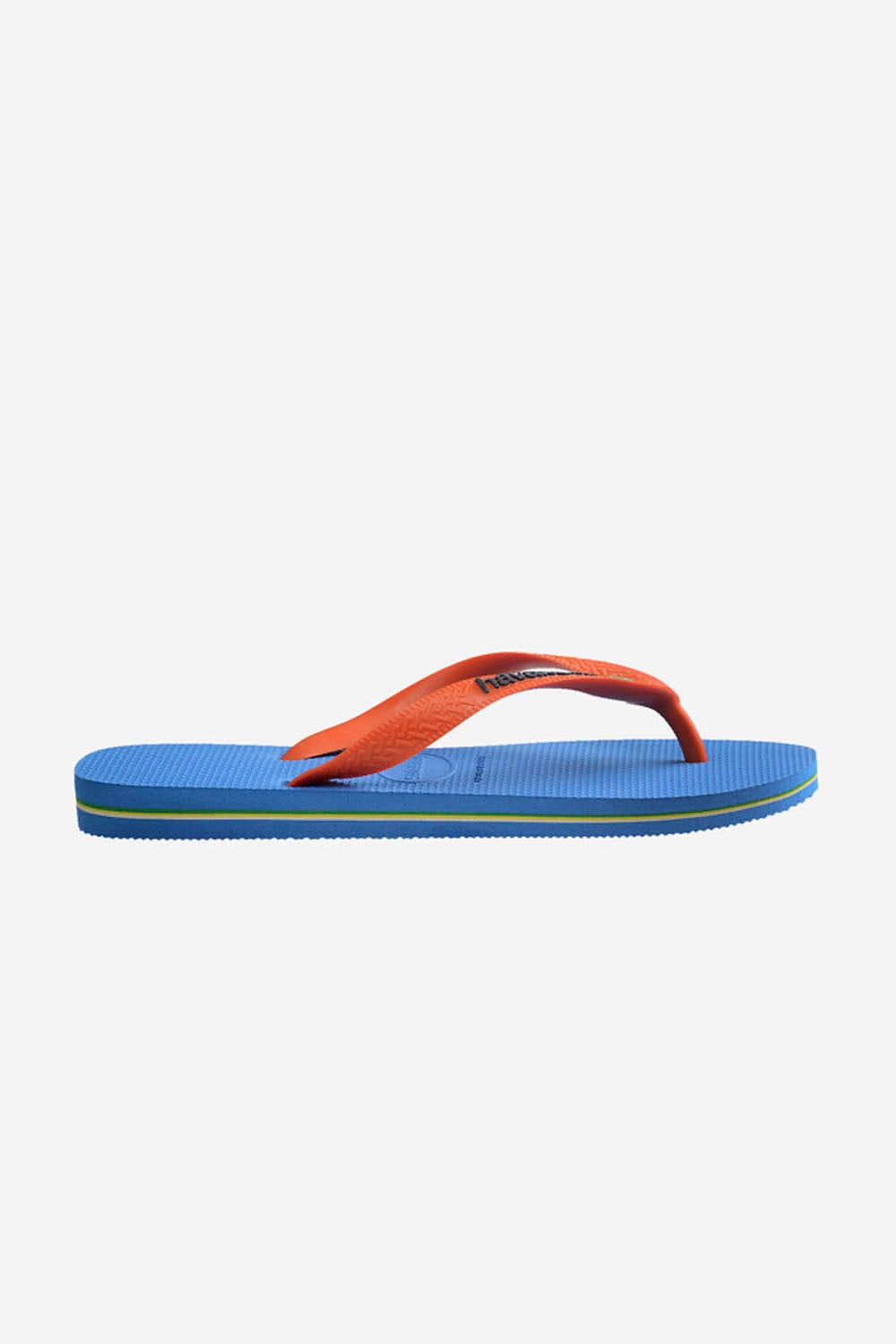 Blue and orange flip-flop sandal on a white background