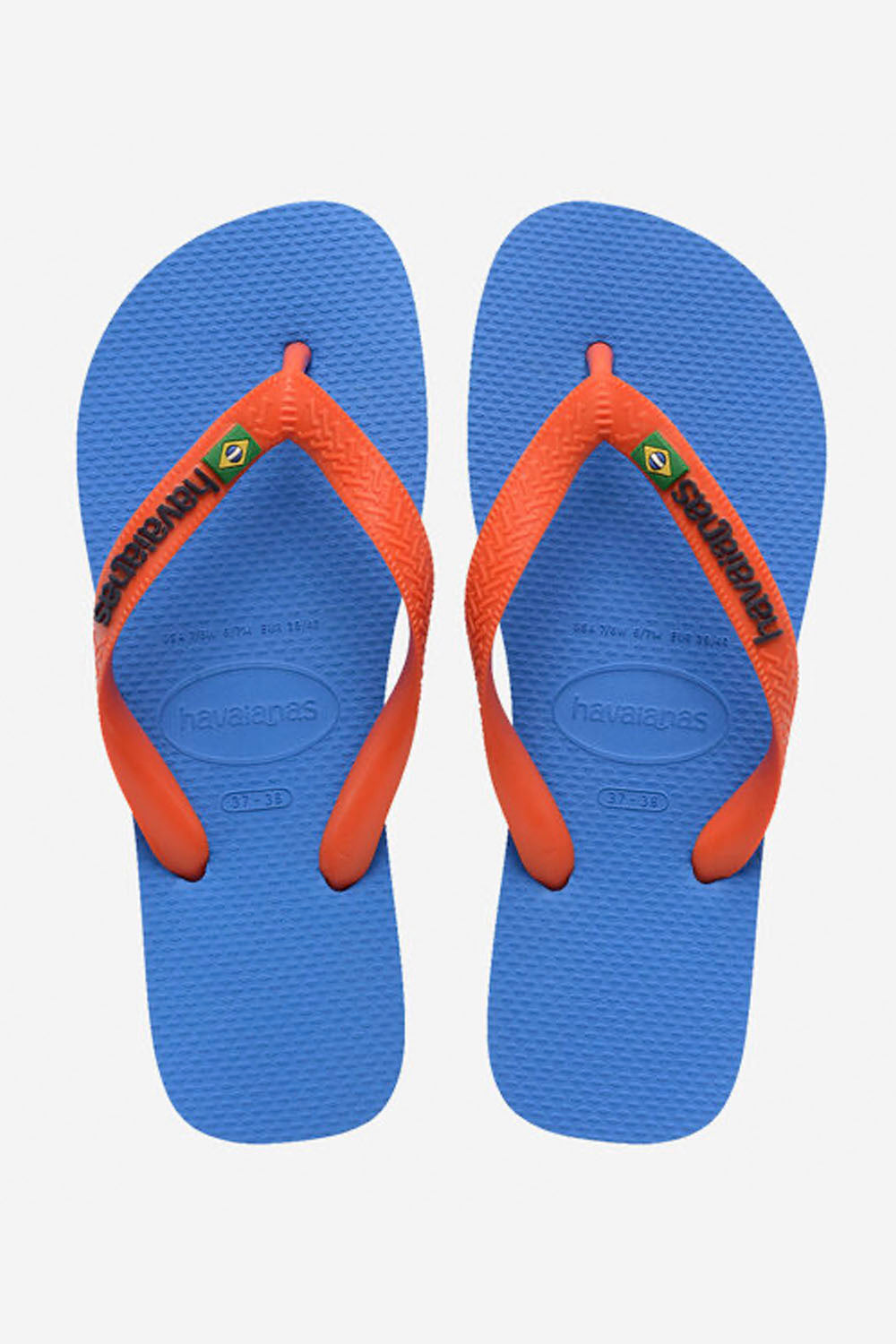 Blue and orange flip-flops with a brand logo on a white background