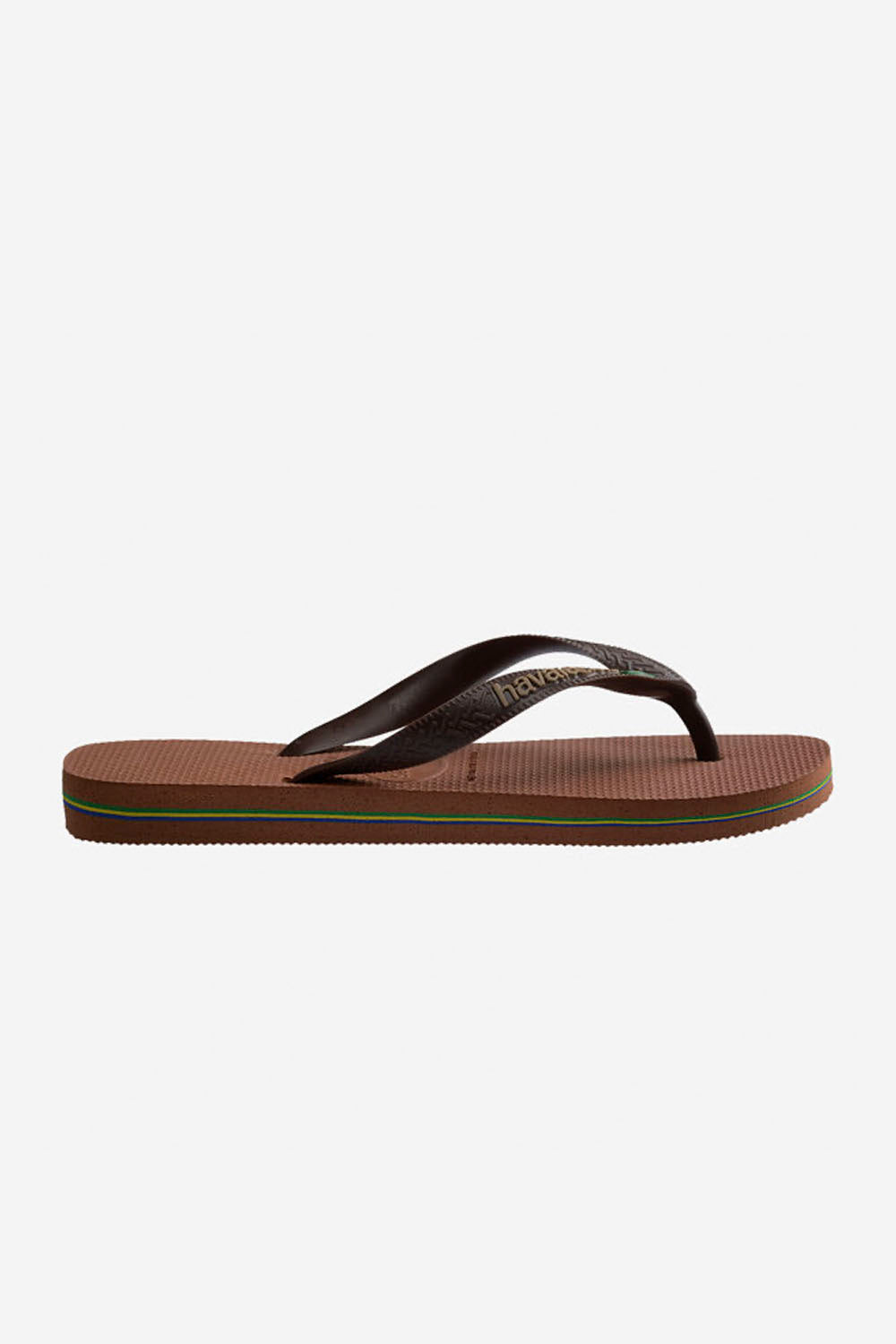 Brown flip-flop sandal with black strap on a white background
