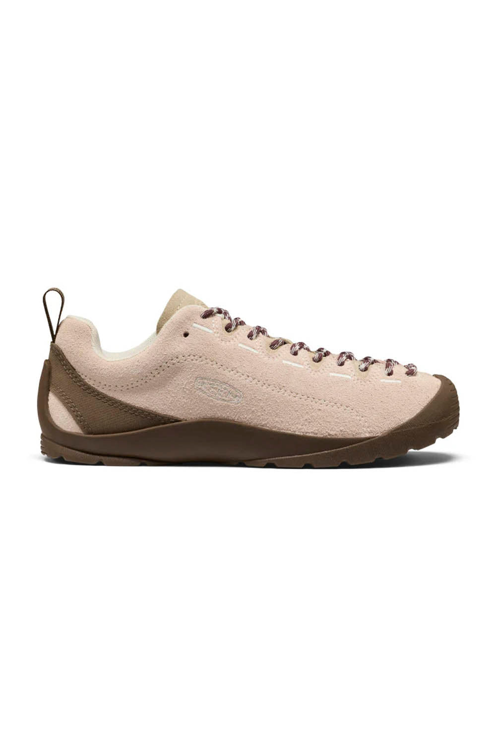 A low-top outdoor sneaker in light beige suede and brown synthetic materials, featuring matching brown laces and a pull tab on the heel, shown from a side profile against a white background.