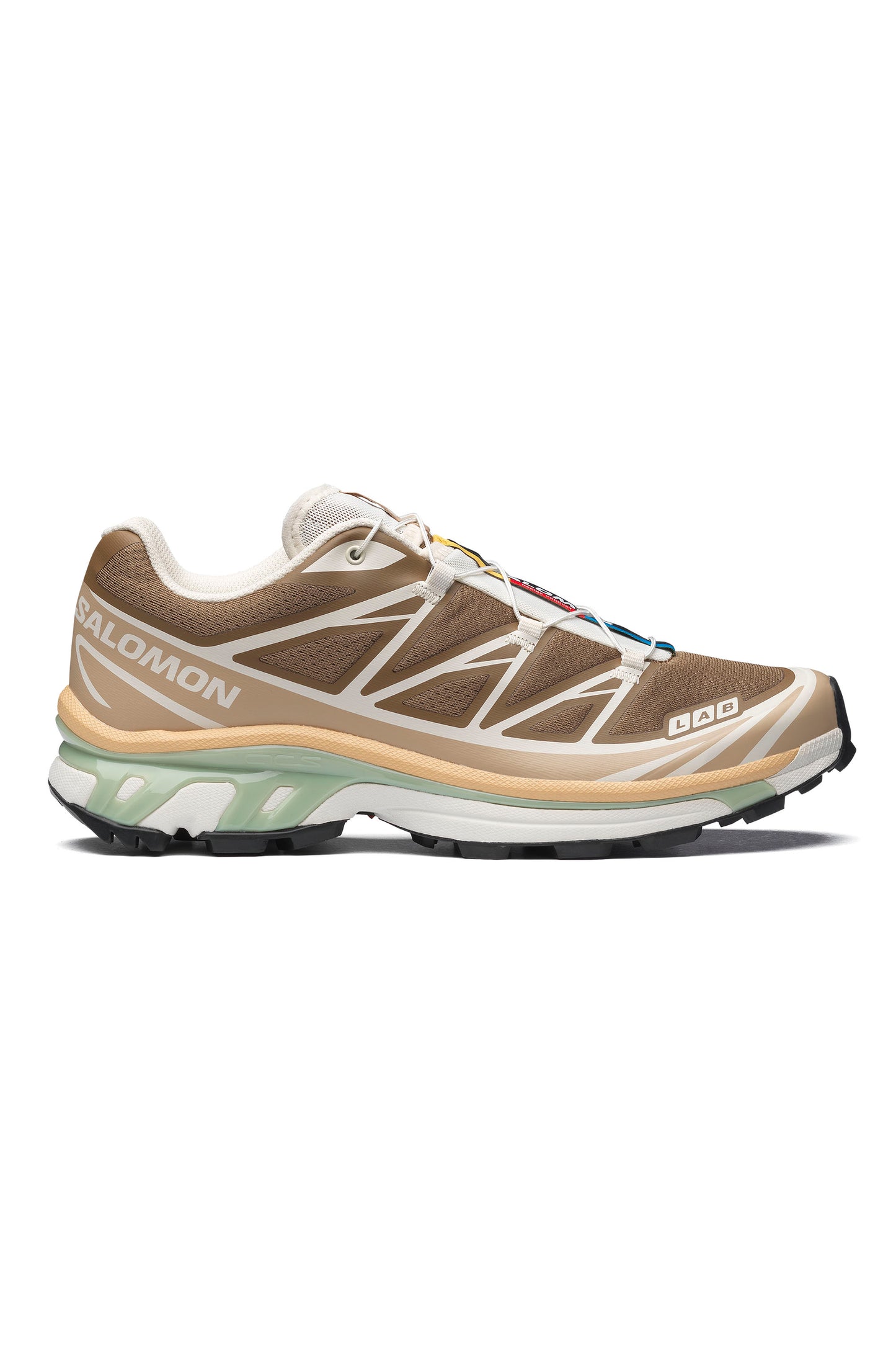 SALOMON XT-6 women's sneakers in coyote brown and safari colorway on a white background