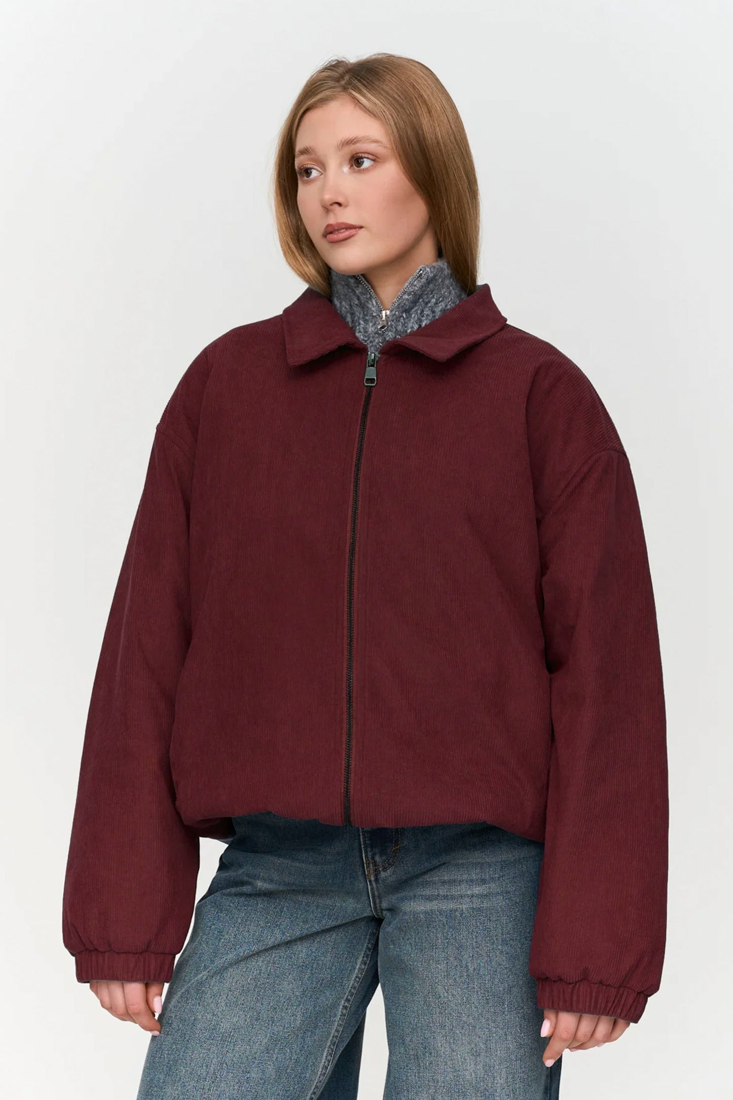 24 Colours Pukas Surf Shop bordeaux cord bomber jacket structured textured outerwear