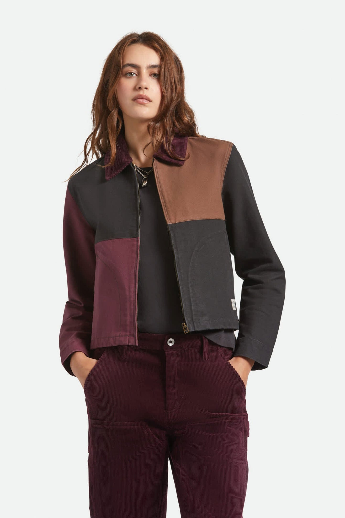 Pukas Surf Shop Woman Jacket Brixton Mechanics Garage Zip Port Black Pinecone Brown