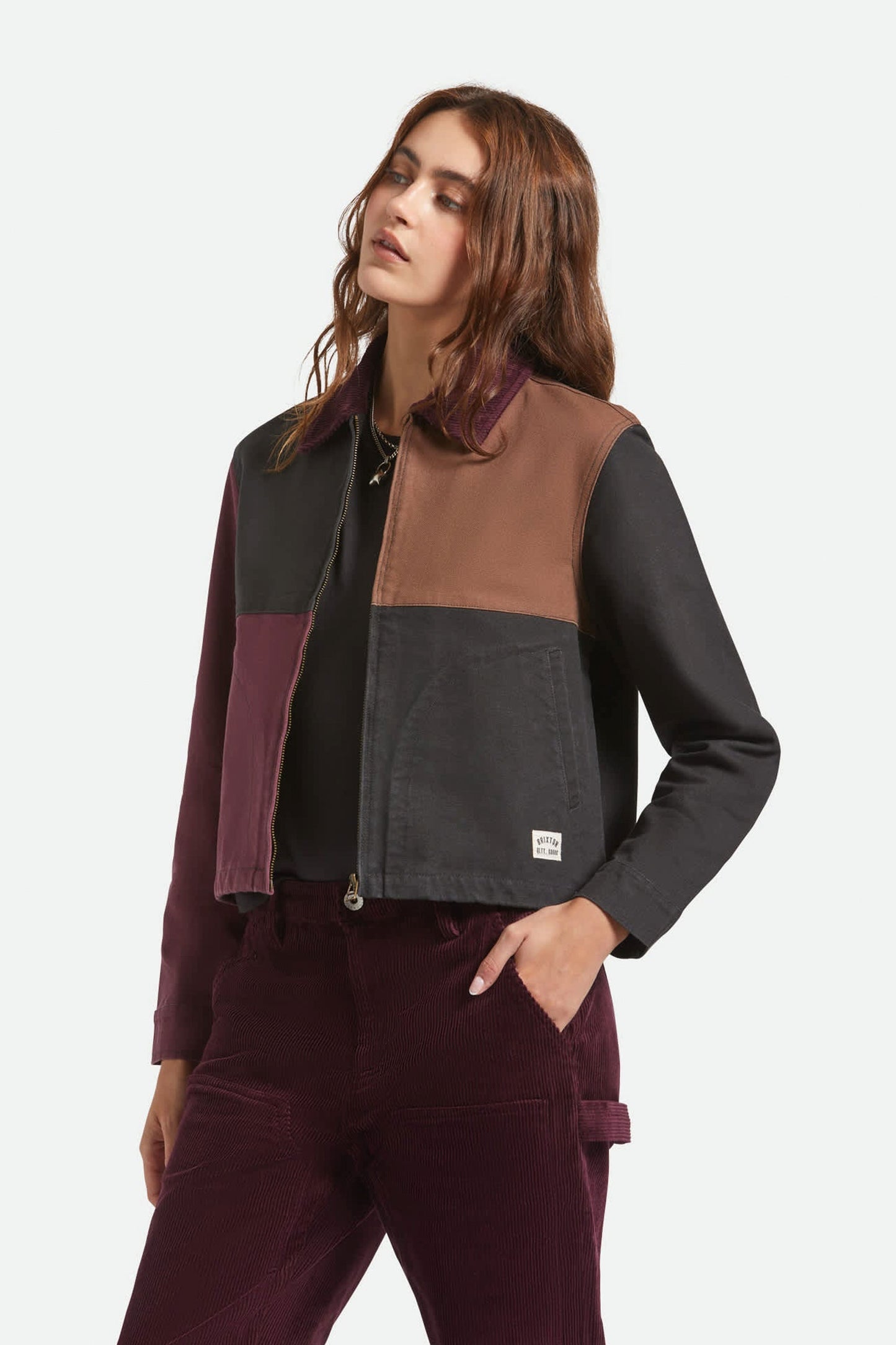 Pukas Surf Shop Woman Jacket Brixton Mechanics Garage Zip Port Black Pinecone Brown