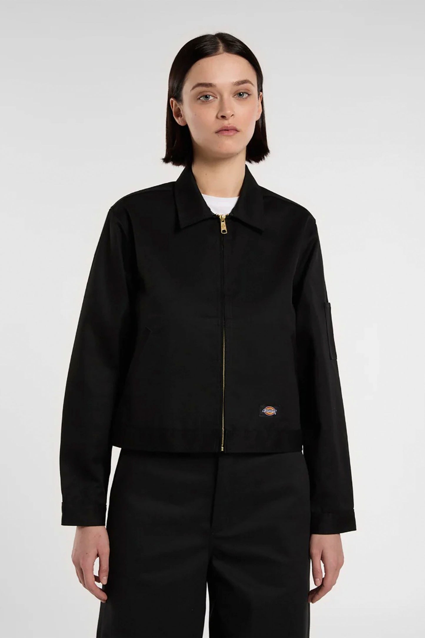 DICKIES unlined cropped Eisenhower jacket in black with zip closure and diagonal ribbed pockets for women