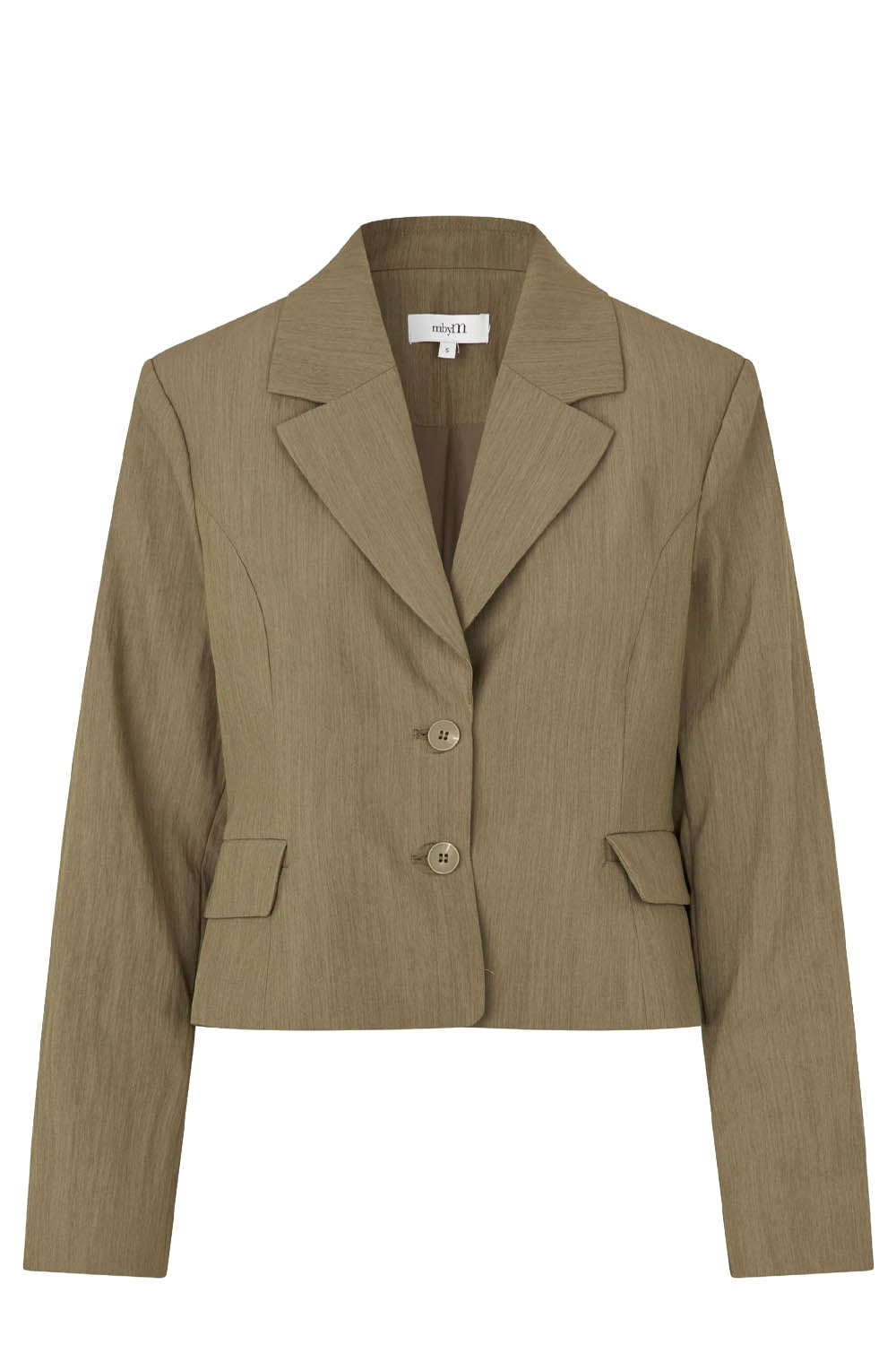 A cropped, double-breasted blazer in a textured khaki fabric, featuring notched lapels, two front buttons, and flap pockets, shown against a plain white background.