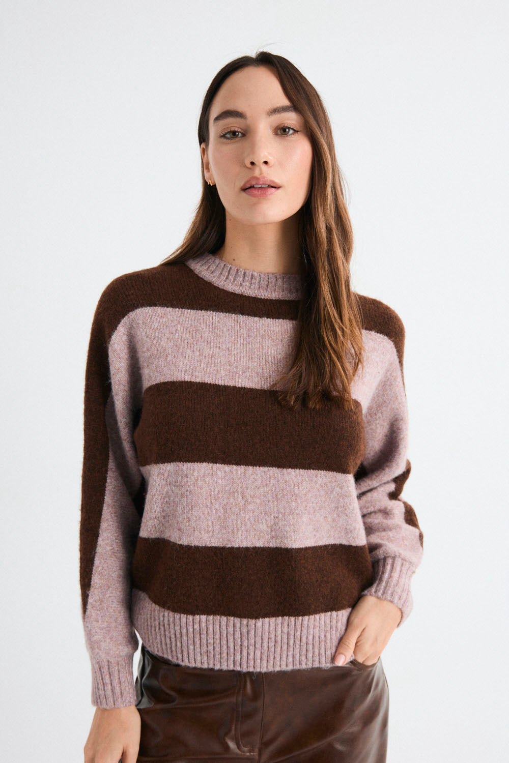 Mus & Bombón Faeri Sweater mauve striped knit women's sweater — relaxed crew-neck, available at Pukas Surf Shop
