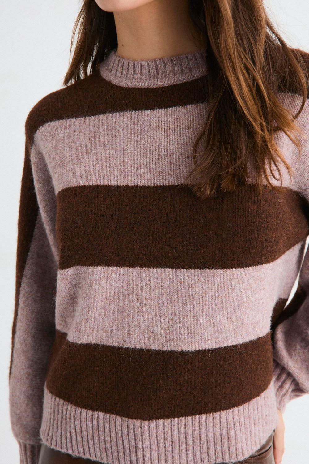 Mus & Bombón Faeri Sweater mauve striped knit women's sweater — relaxed crew-neck, available at Pukas Surf Shop
