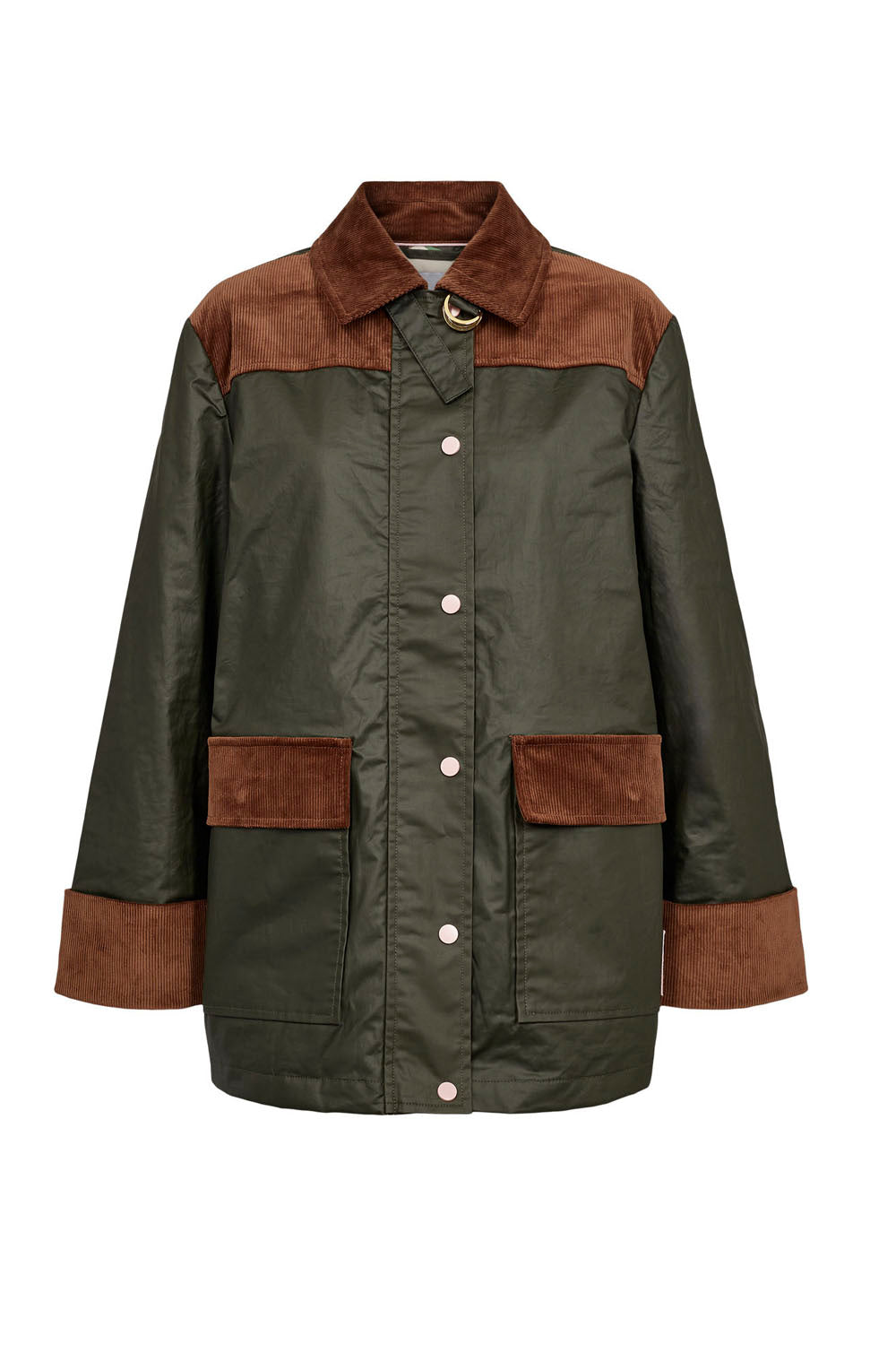 An olive green waxed cotton jacket with brown suede-like shoulder panels, collar, and cuffs, featuring a button-up front and two front patch pockets.