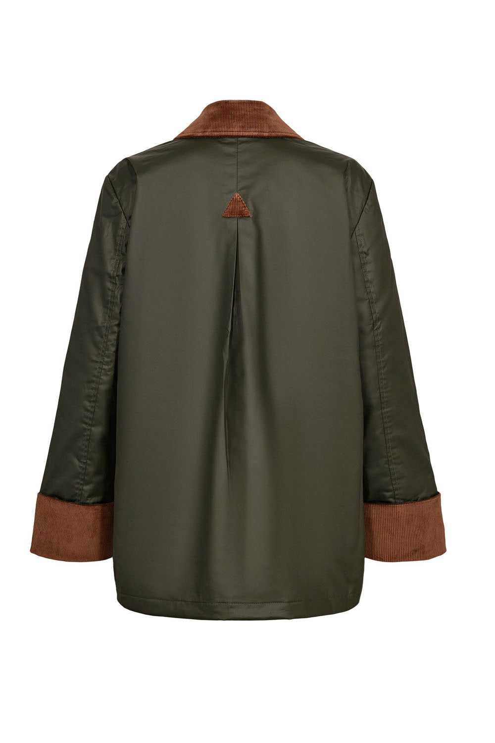 The back view of an olive green jacket with contrasting brown suede-like collar and cuff trim, shown on a plain white background.