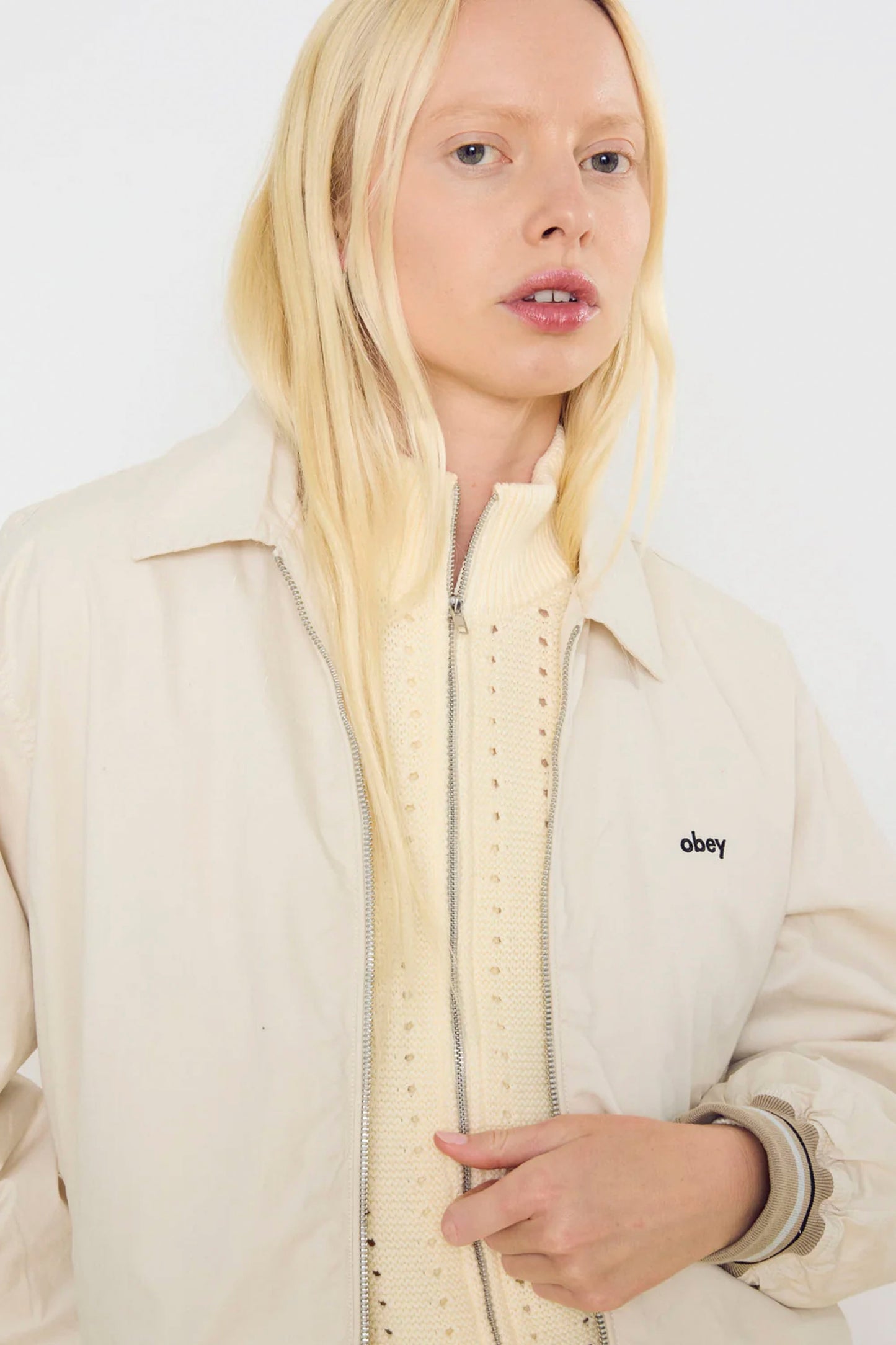 OBEY Endless Jacket detail - welt pockets and stripe rib hem on women's twill jacket