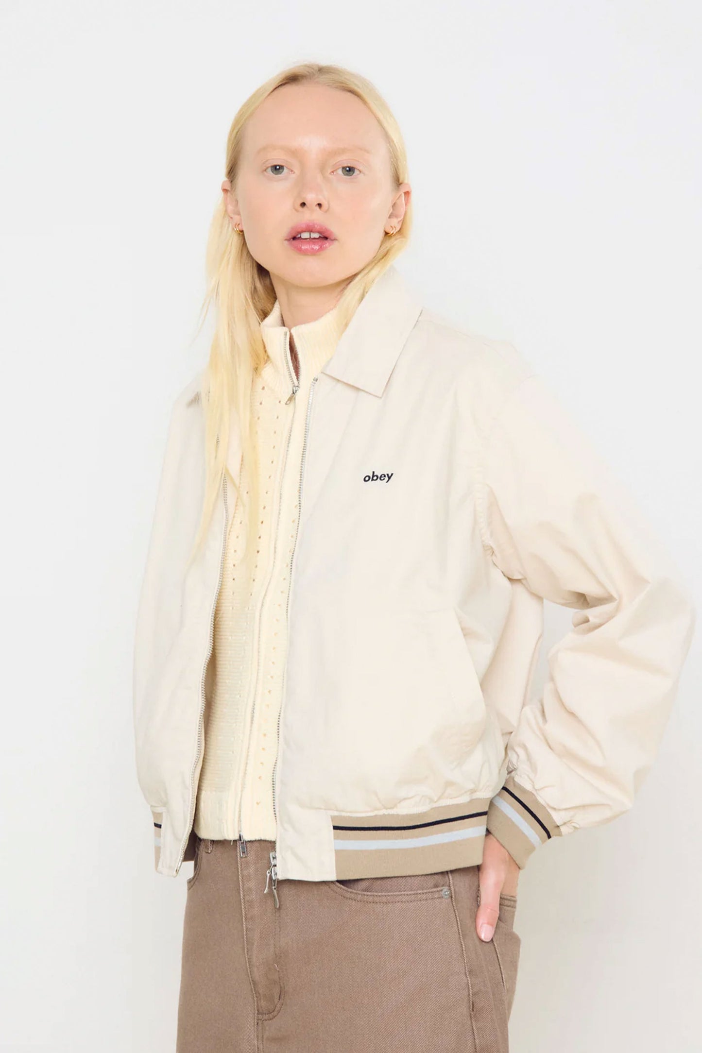 OBEY Endless stone jacket front view - fully lined twill jacket with metal zipper and logo embroidery