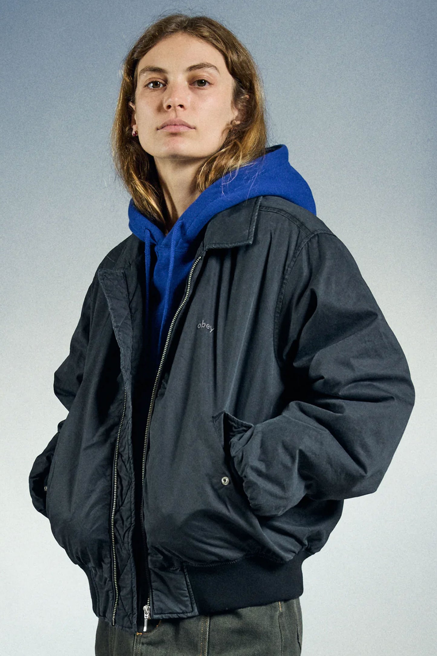 Pukas Surf Shop Woman Jacket Obey Florien Bomber Black Faded Wash