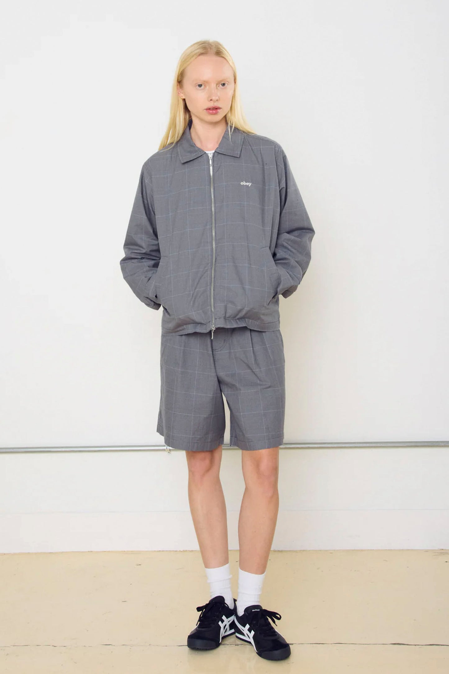 OBEY Olivia grey plaid jacket front view - fully lined twill jacket with metal zipper and logo embroidery