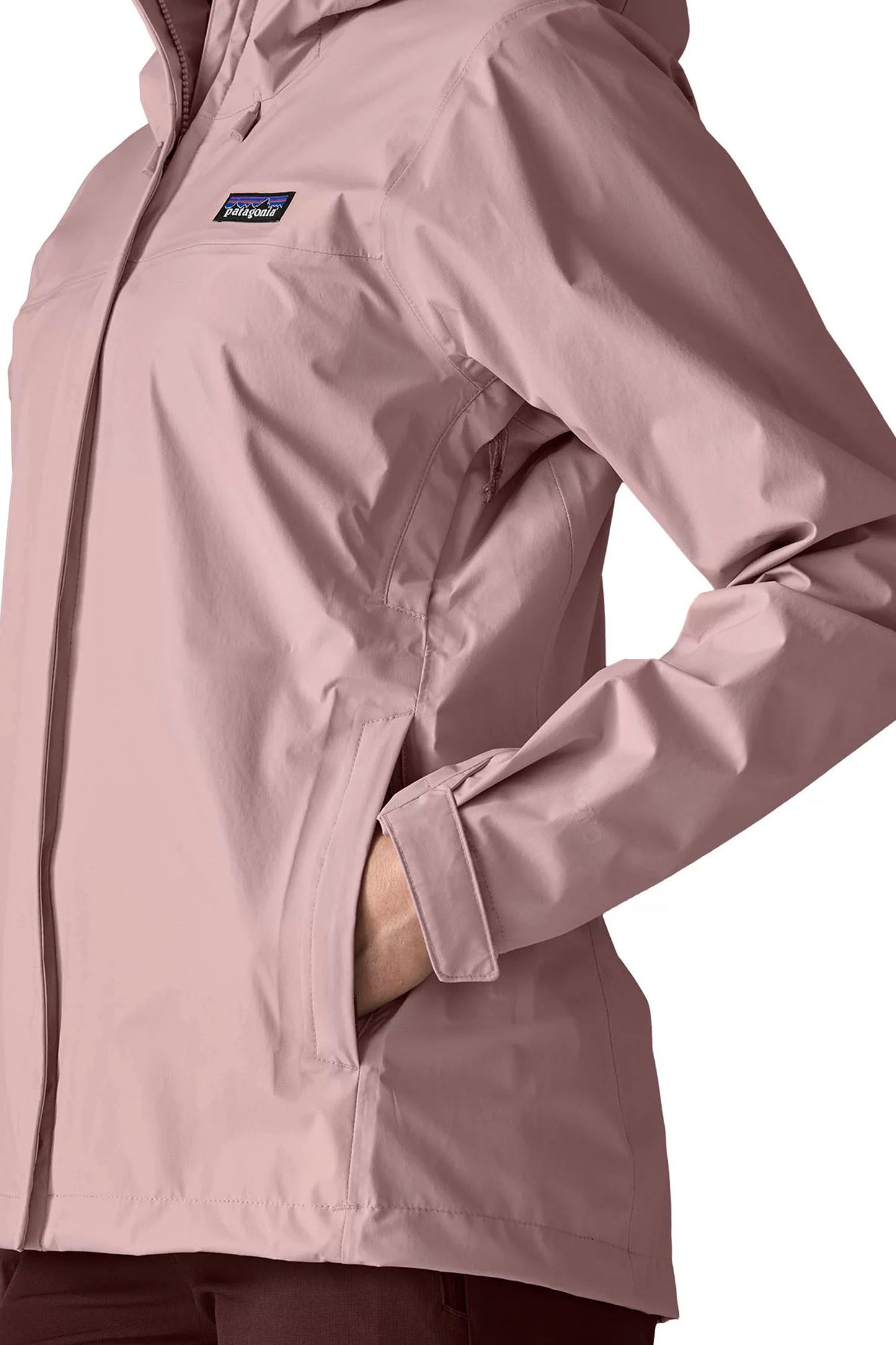 Close-up of a PATAGONIA Torrentshell 3L Rain Jacket in quiet violet colour on a white background