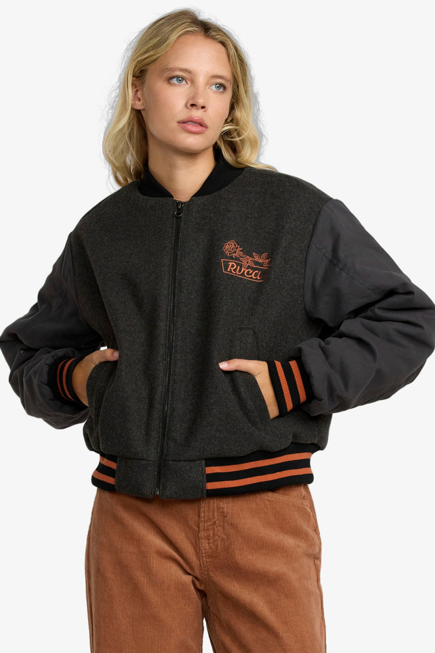 Pukas Surf Shop RVCA Ryan bomber jacket women washed black cropped fit contrast sleeves