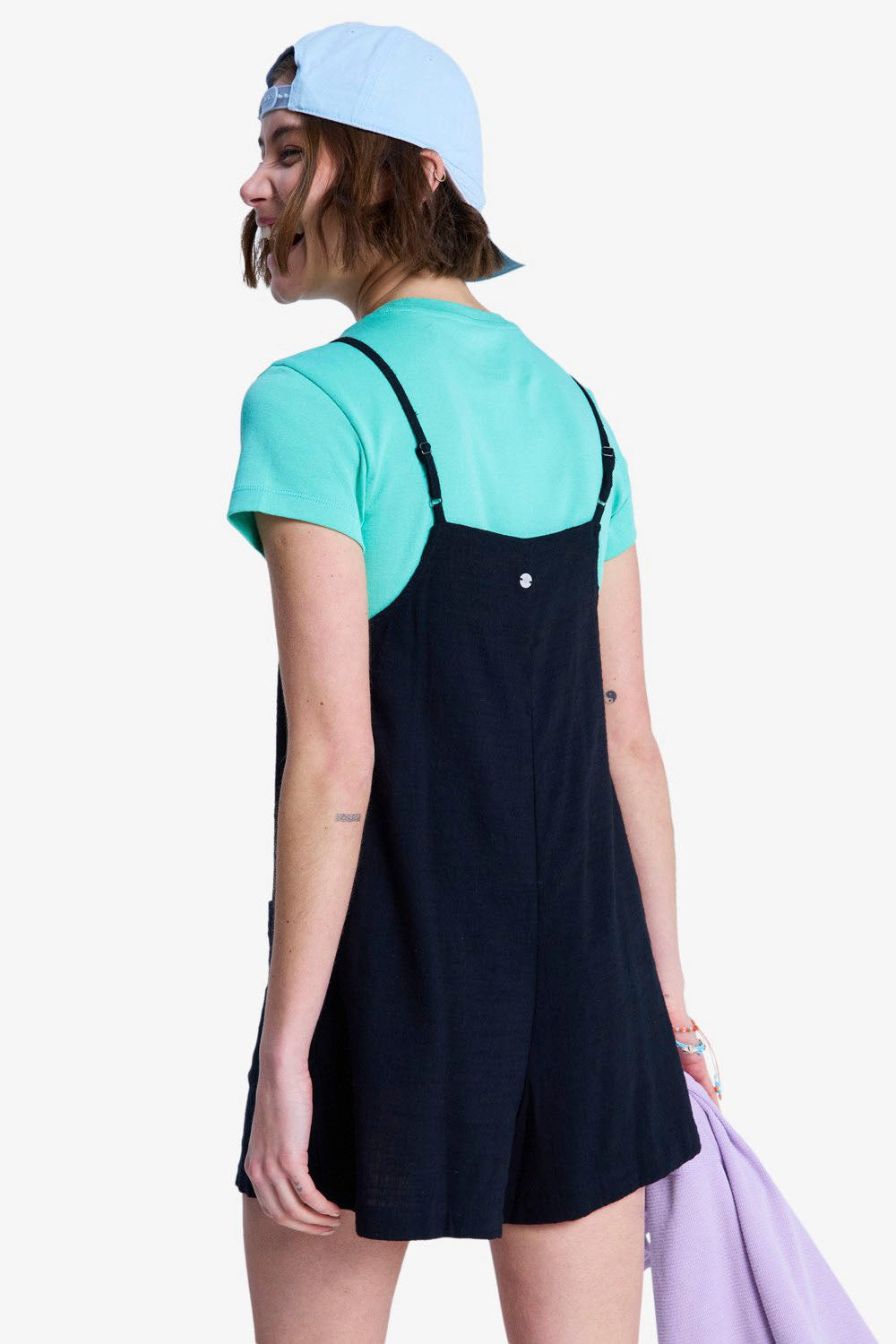 Roxy Lavender Haze Romper in Anthracite – back view, relaxed fit with adjustable straps