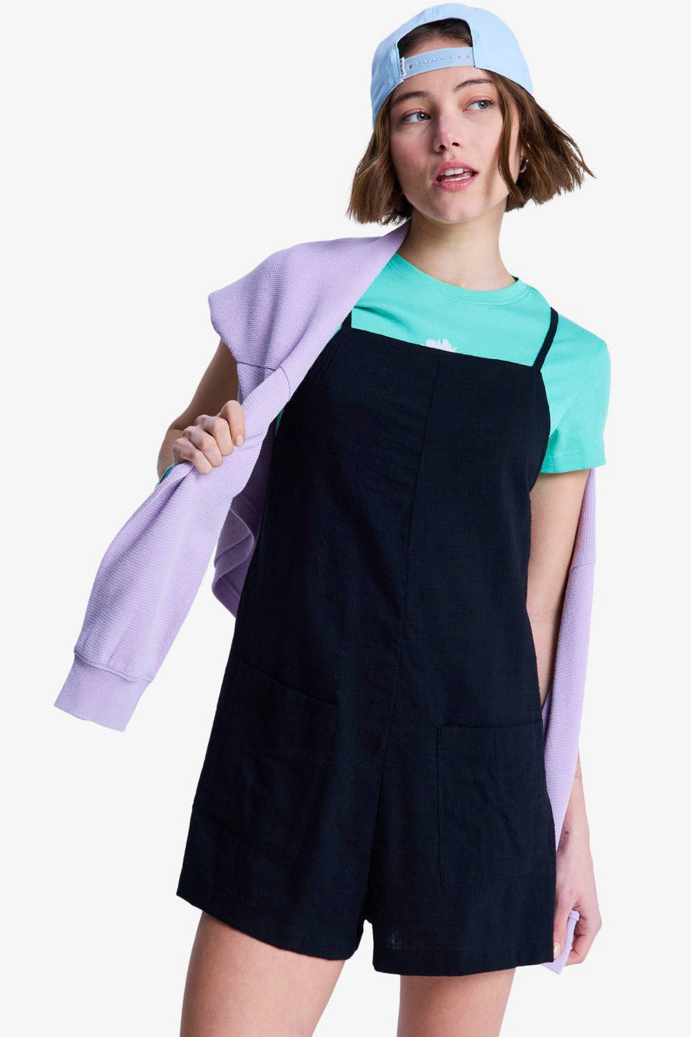 Roxy Lavender Haze Romper in Anthracite – front view, relaxed fit with adjustable straps