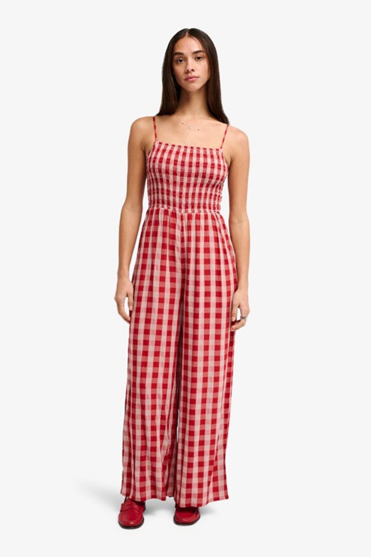 RVCA AF Checker Jumpsuit in RRA0 – women's red checker print jumpsuit, new arrival at Pukas Surf Shop