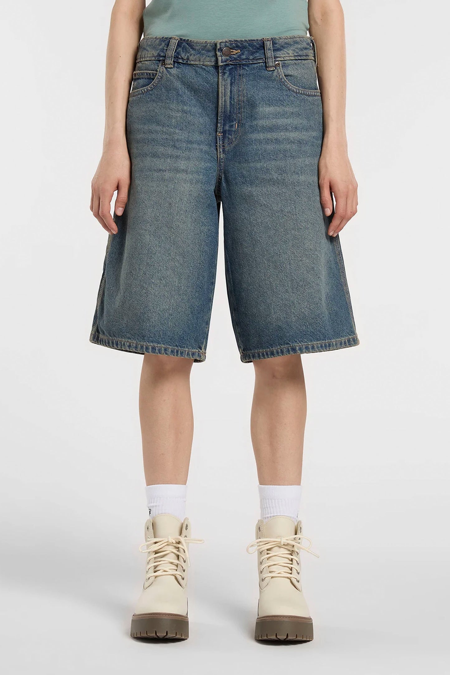 DICKIES 957 mid-rise relaxed fit 13 inch denim shorts with red woven label for women