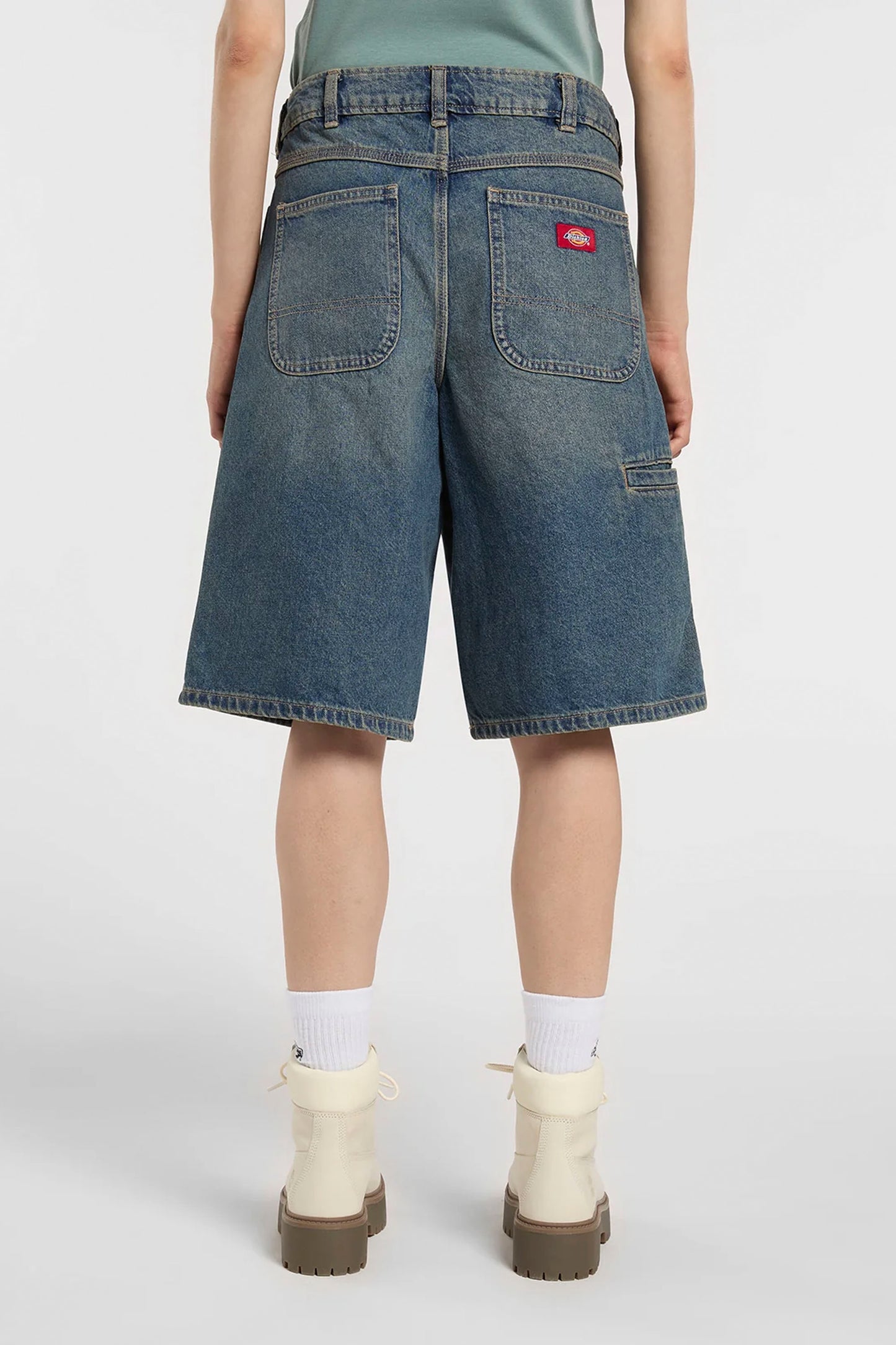 DICKIES 957 mid-rise relaxed fit 13 inch denim shorts with red woven label for women