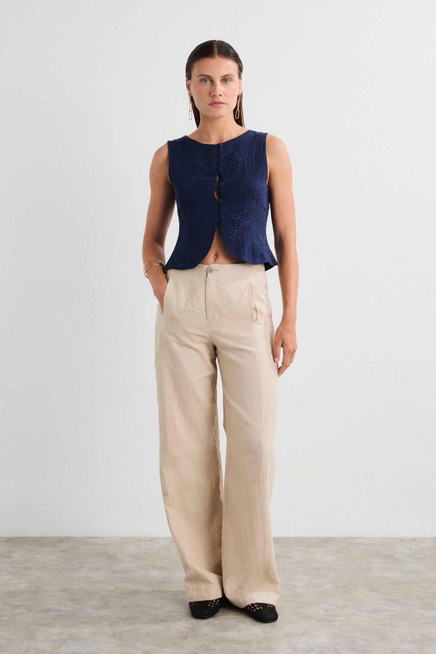 MUS & BOMBON Akira beige wide-leg tailored pants for women - straight fit front view at Pukas Surf Shop