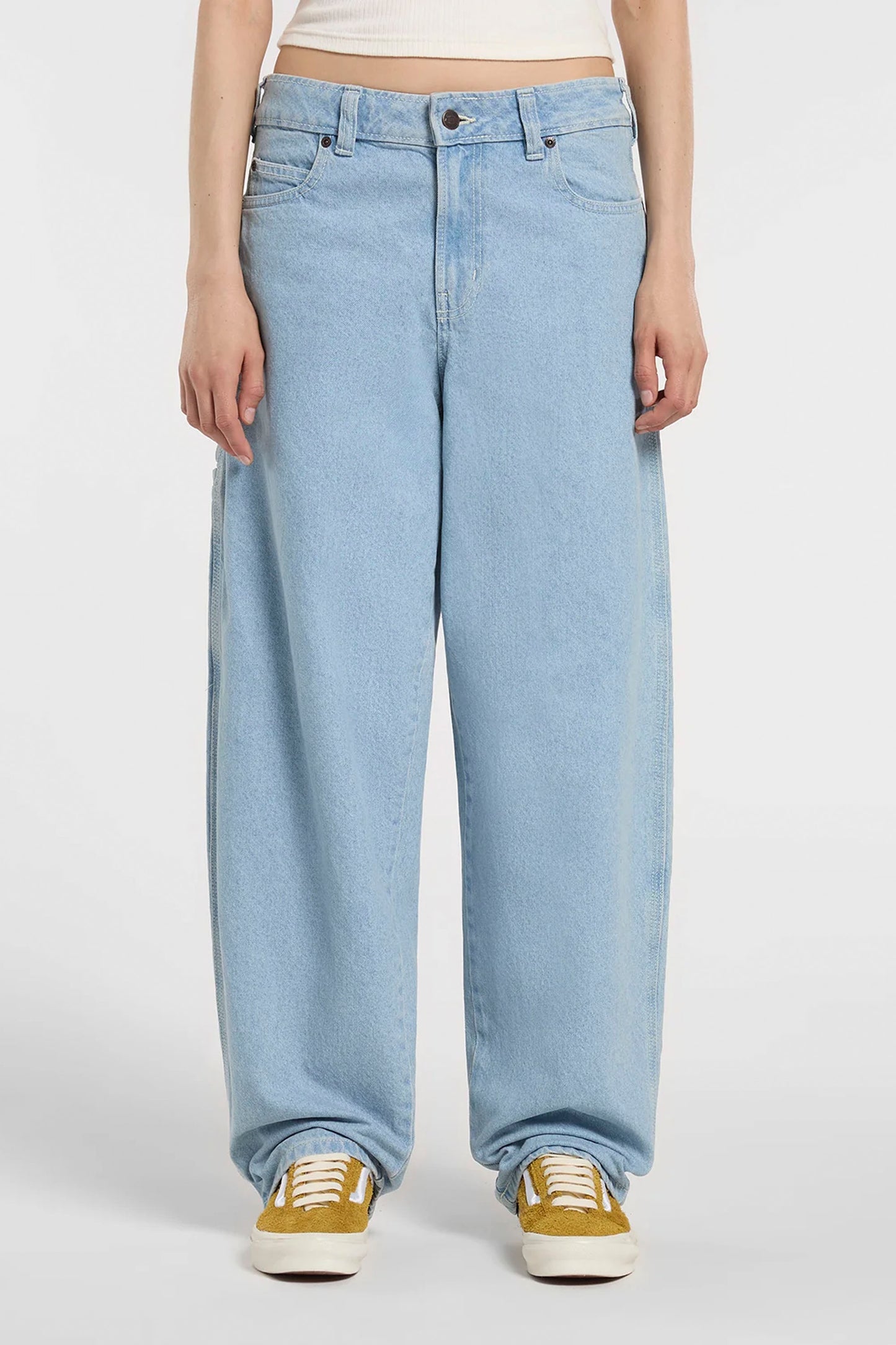 DICKIES 957 loose tapered work jeans in vintage aged blue denim with mid-rise fit for women