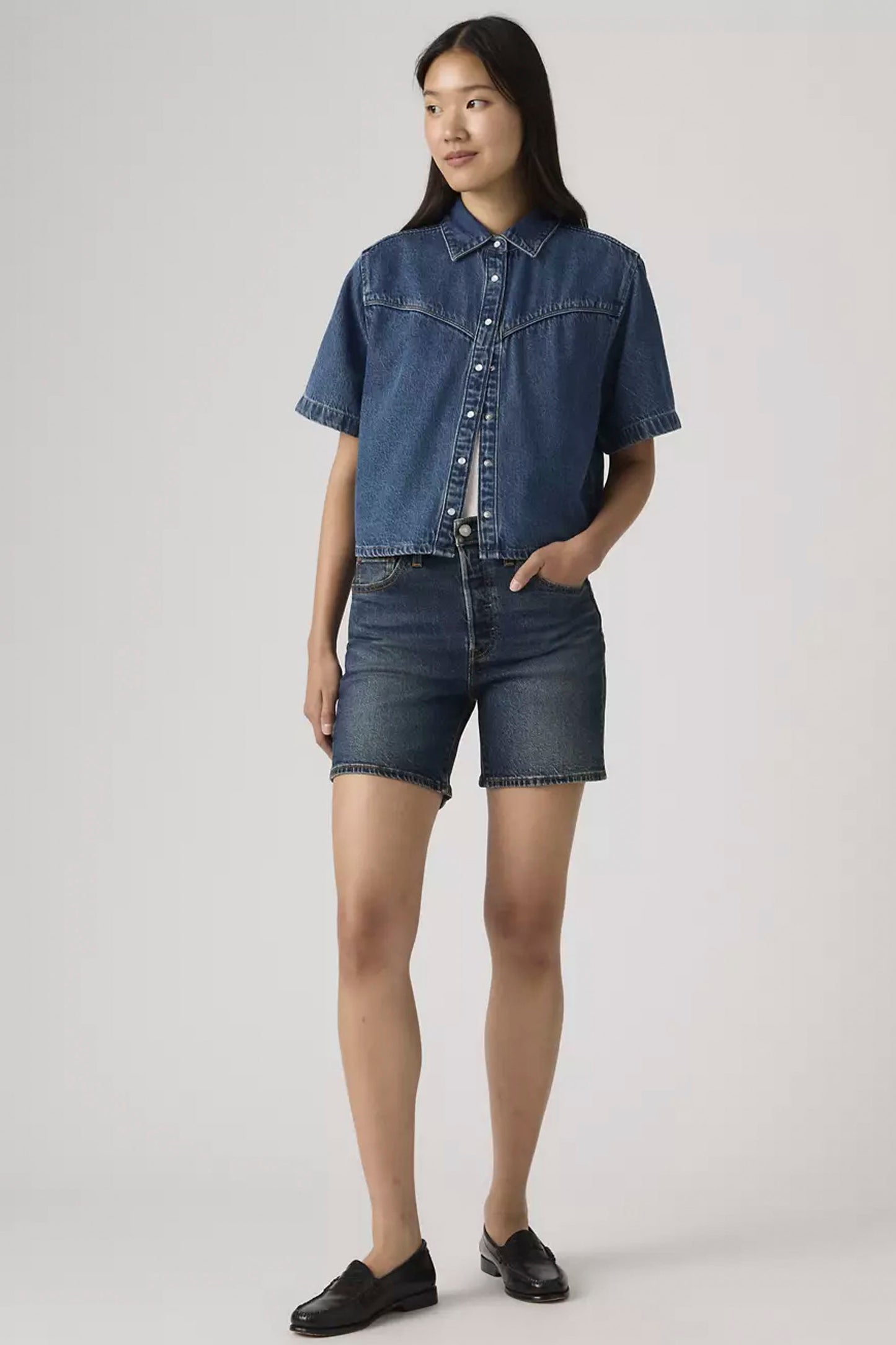 LEVIS 501 Mid Thigh Short in Quit Shift light wash denim for women